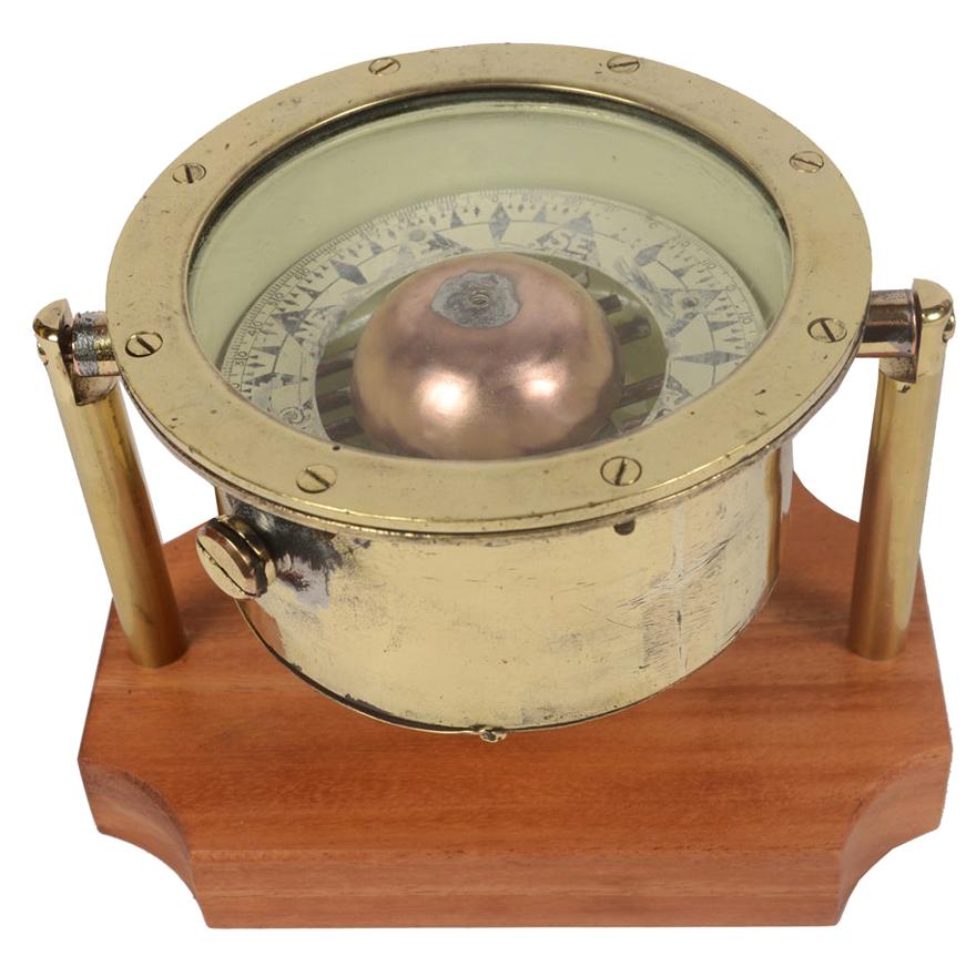End 19th Century  Antique Brass Nautical Magnetic Compass on a Mahogany Board