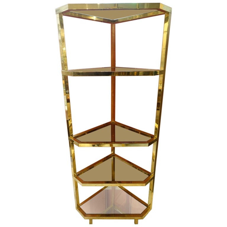 Brass and Glass Corner Shelving Unit at 1stDibs