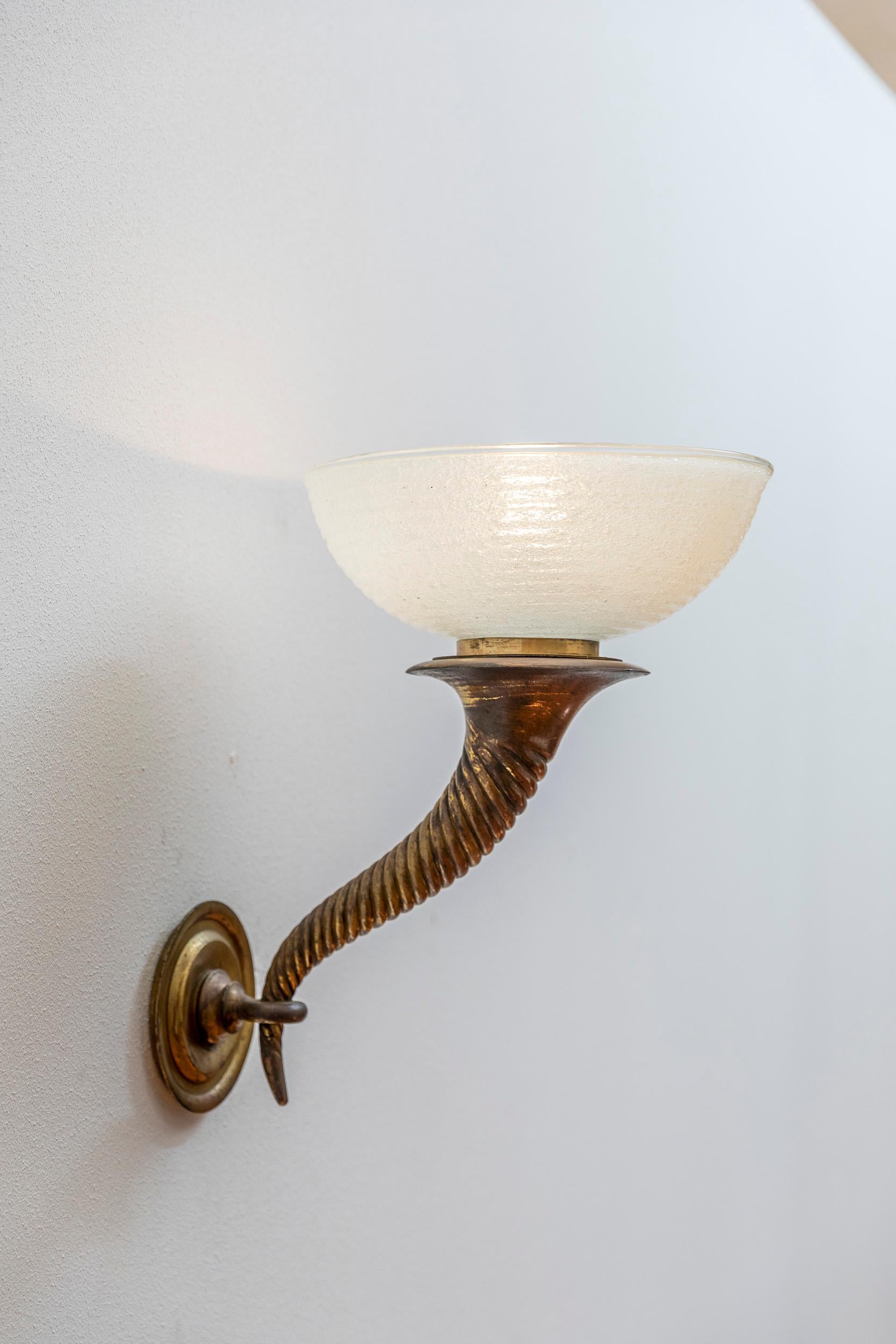 Mid-Century Modern Brass and Glass Cornucopia Wall Light Attributed to Napoleone Martinuzzi