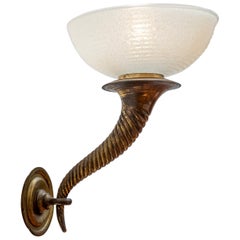 Brass and Glass Cornucopia Wall Light Attributed to Napoleone Martinuzzi
