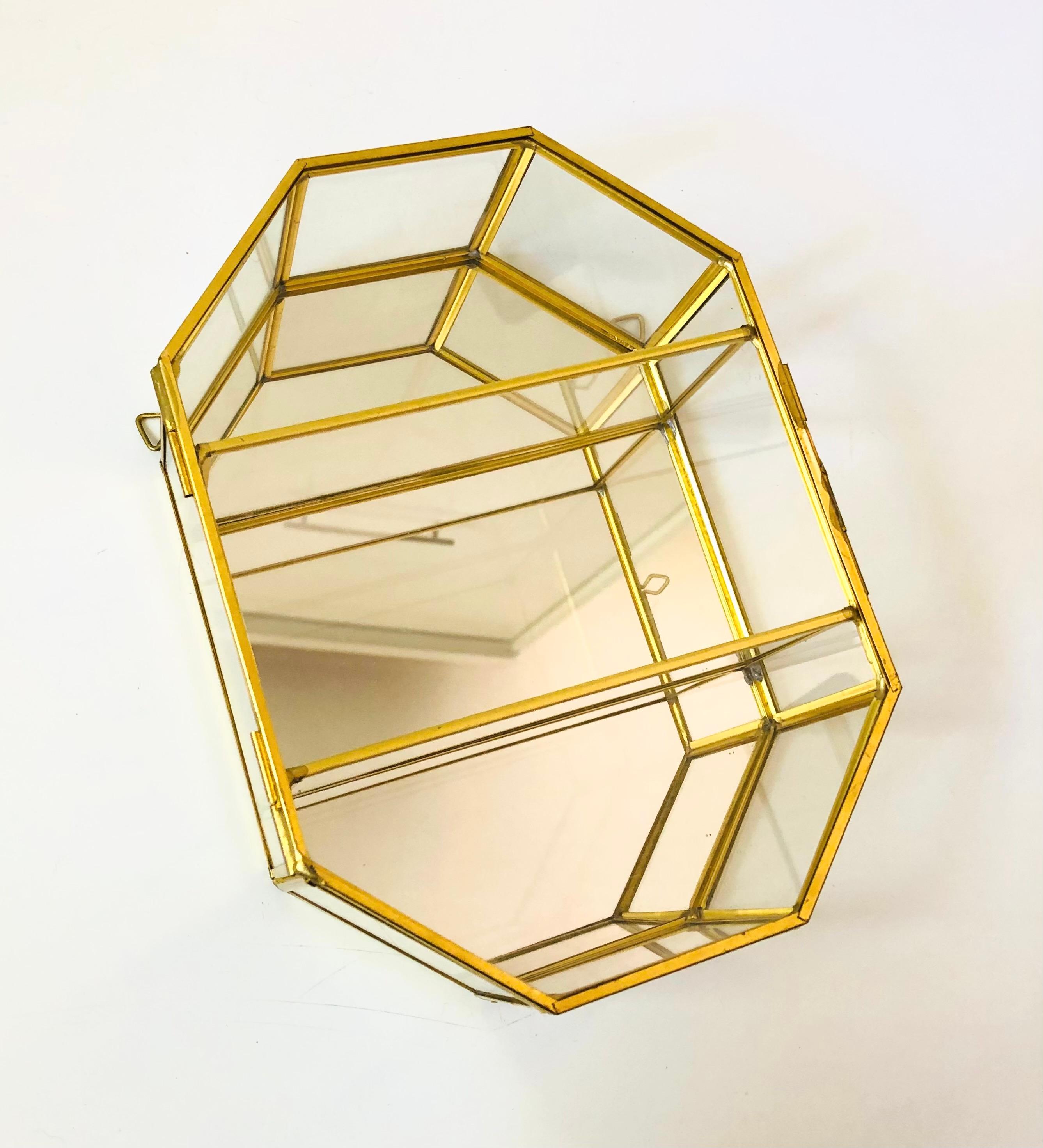 A vintage brass and glass curio display case for hanging on a wall. Long octagonal shape with  2 interior glass shelves and a mirrored back. Ready to hang by 2 hangers at the top corners.

