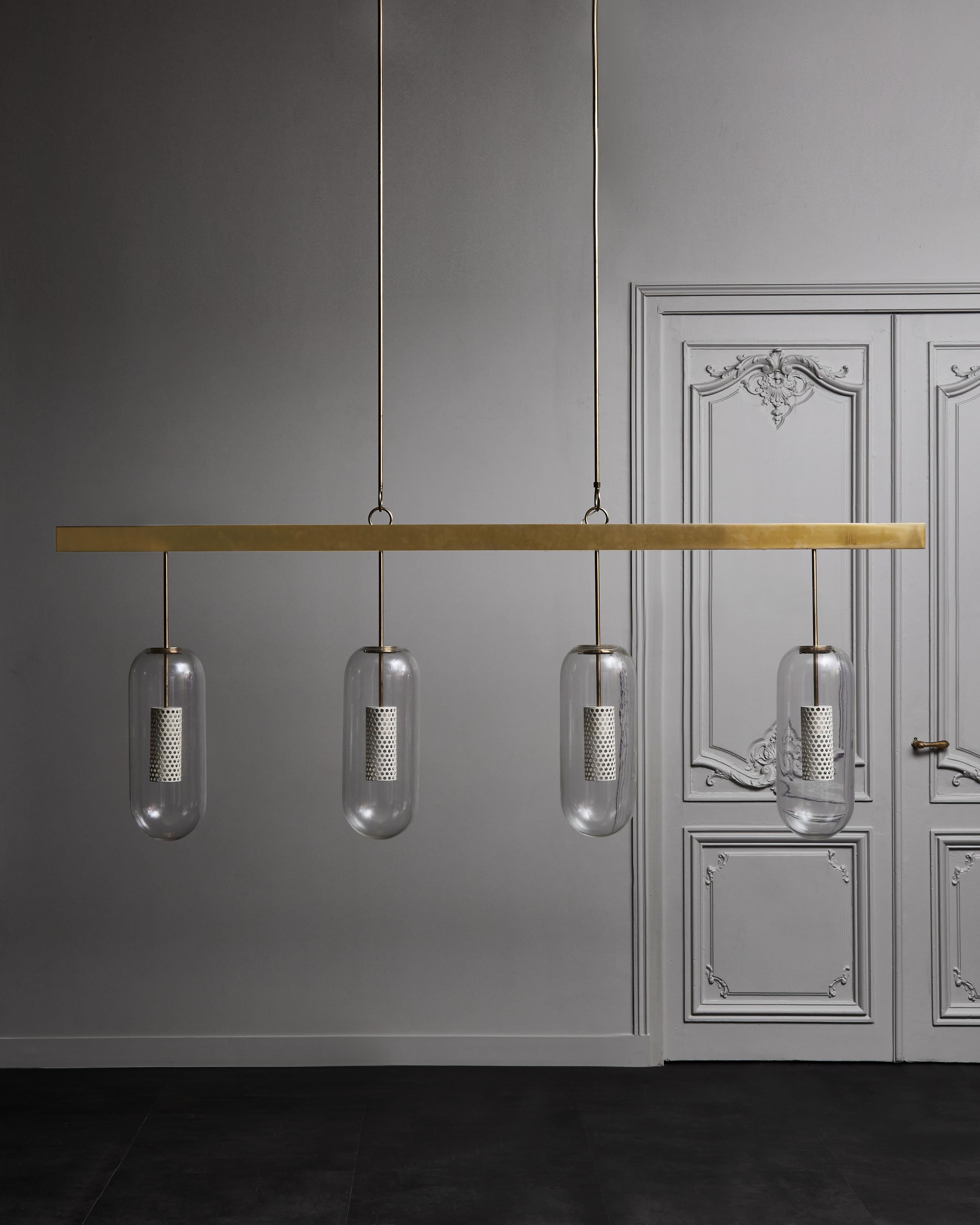 Modern Brass and Glass Diego Mardegan Long Chandelier For Sale