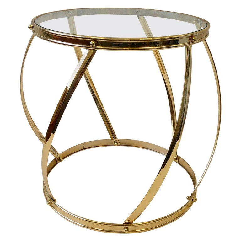 Brass and Glass Drum Side Table For Sale