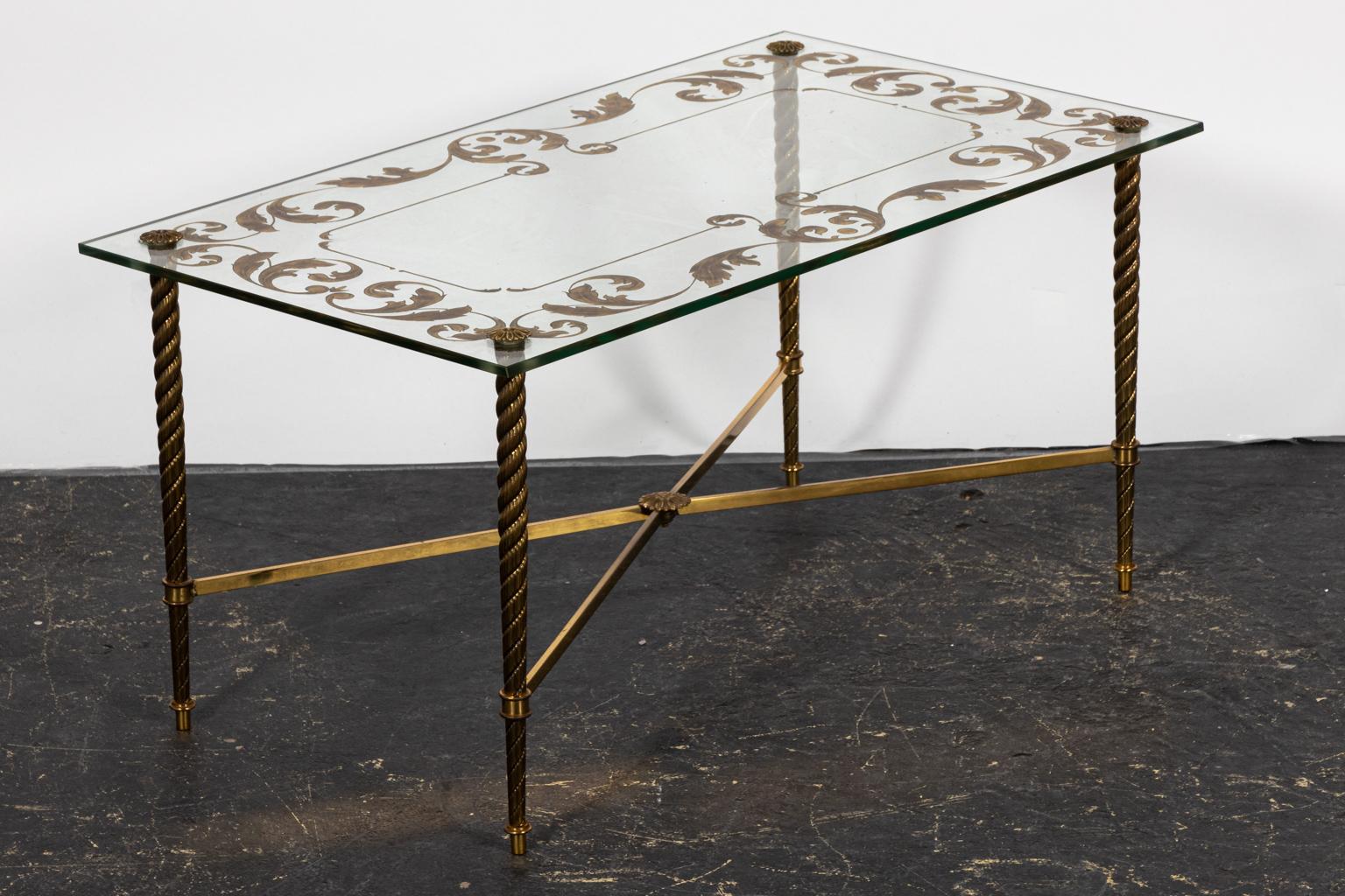 Brass and Glass Etched Coffee Table In Good Condition For Sale In Stamford, CT
