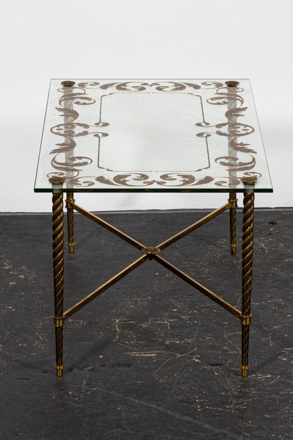 Brass and Glass Etched Coffee Table For Sale 1