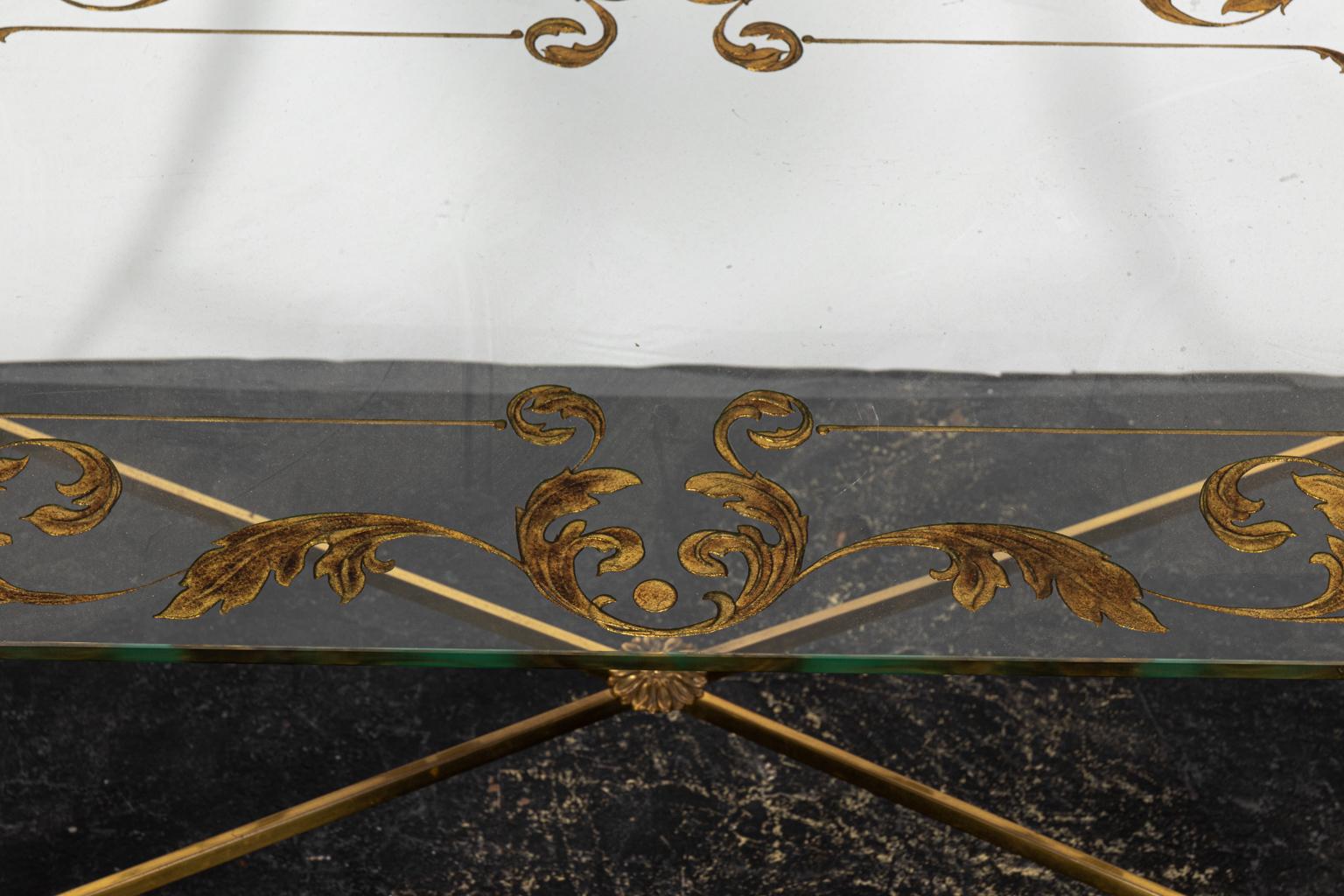 Brass and Glass Etched Coffee Table For Sale 2