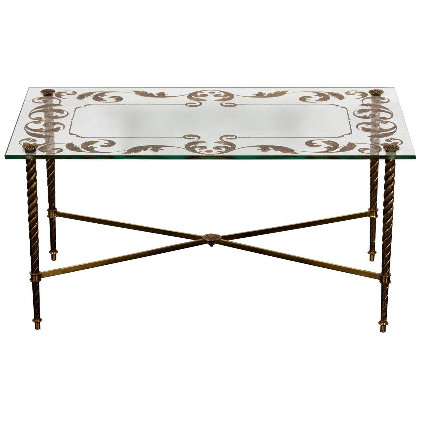Brass and Glass Etched Coffee Table For Sale