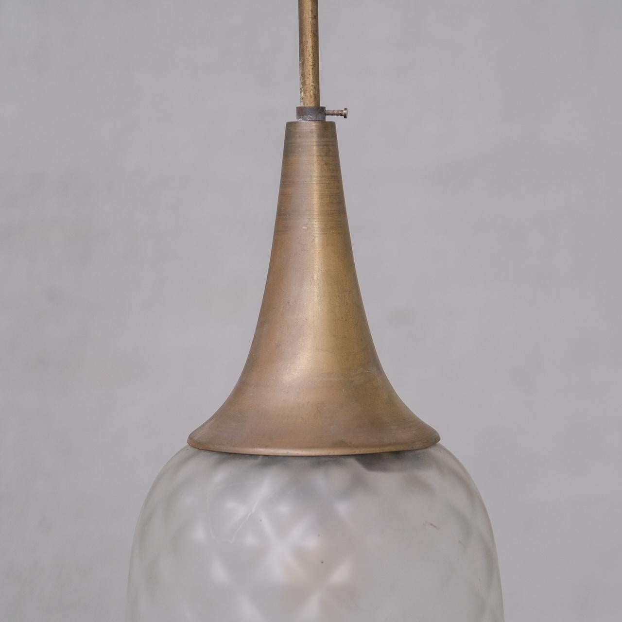 Mid-Century Modern Brass and Glass Etched Mid-Century Pendant Light For Sale