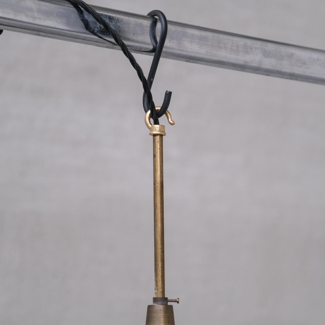 French Brass and Glass Etched Mid-Century Pendant Light For Sale