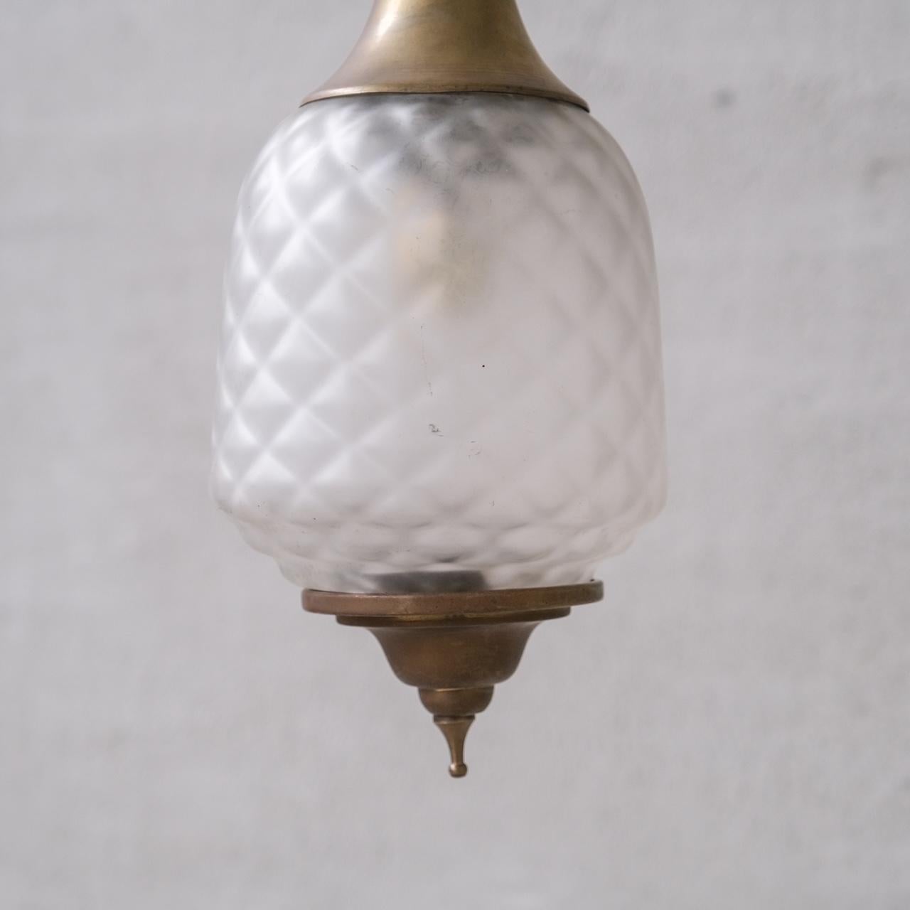 Mid-20th Century Brass and Glass Etched Mid-Century Pendant Light For Sale