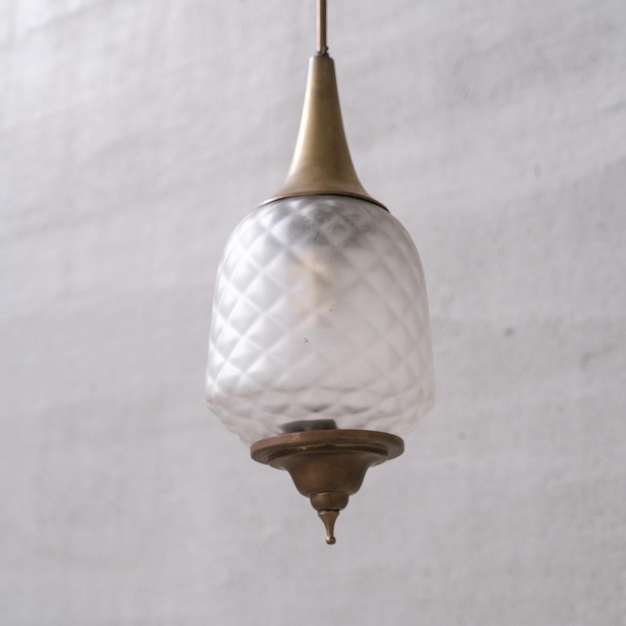 Brass and Glass Etched Mid-Century Pendant Light For Sale 1