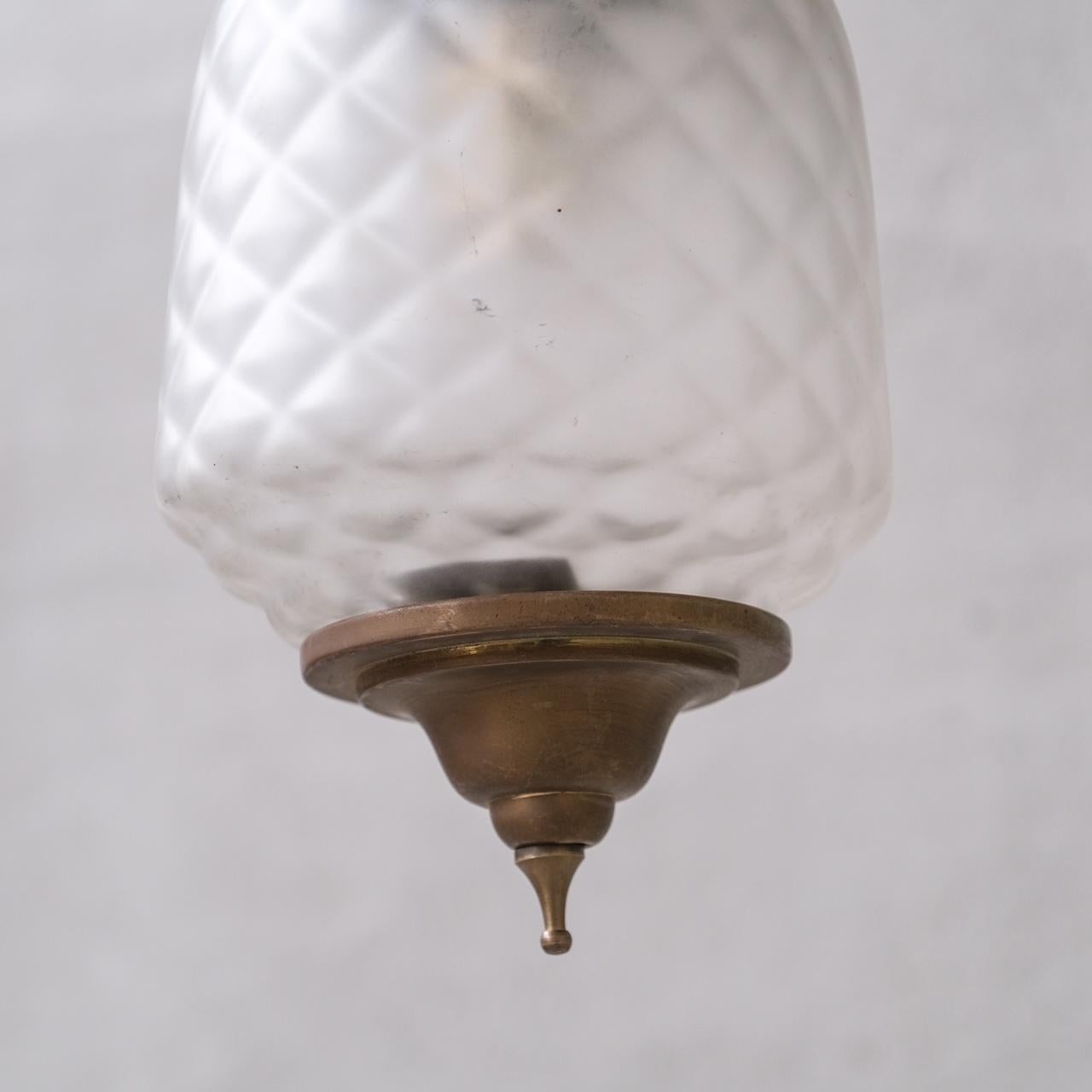 Brass and Glass Etched Mid-Century Pendant Light For Sale 2