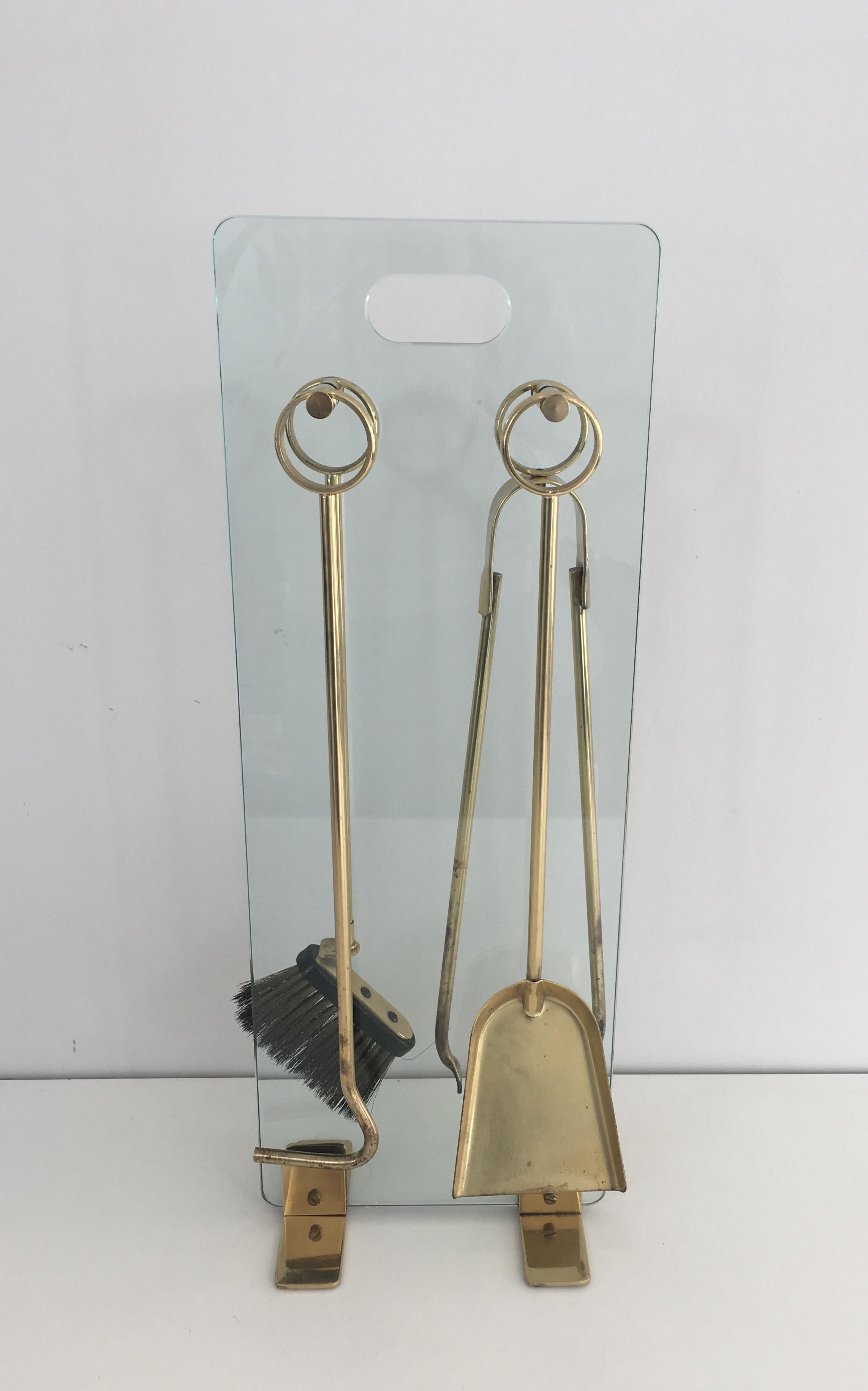 Mid-Century Modern Brass and Glass Fire Place Tools, French, circa 1970
