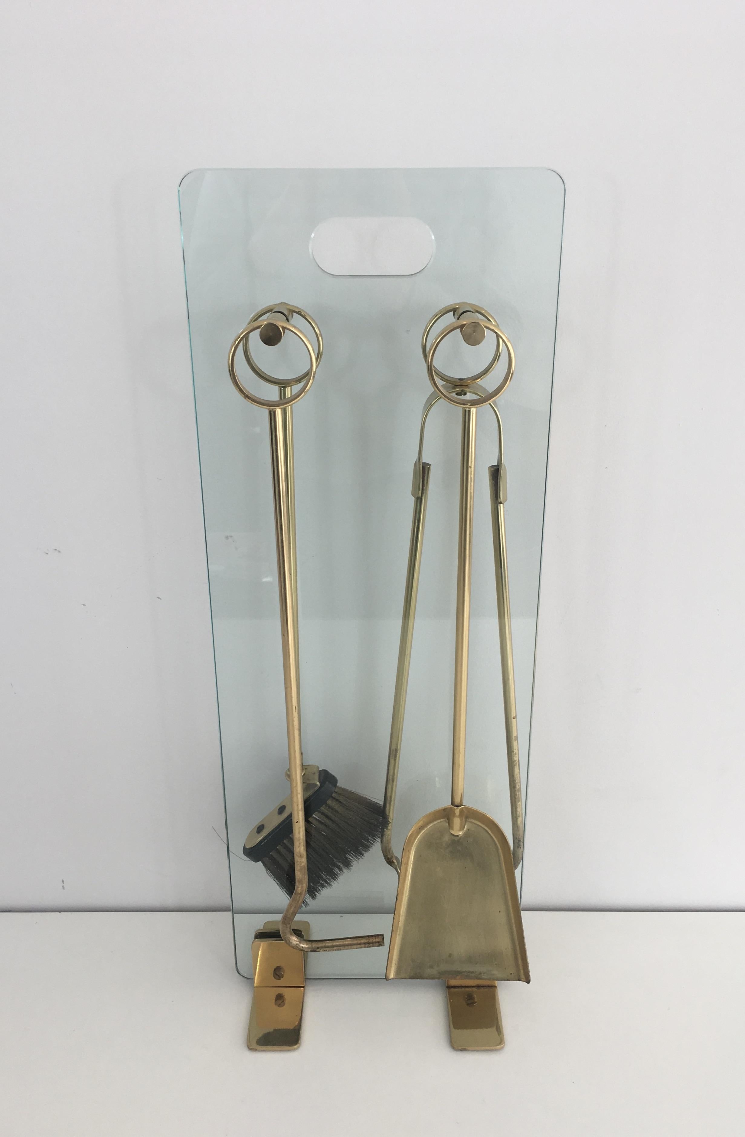 Tempered Brass and Glass Fire Place Tools, French, circa 1970