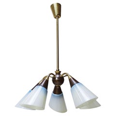 Brass and Glass Five-Arm Chandelier Hungary, 1950