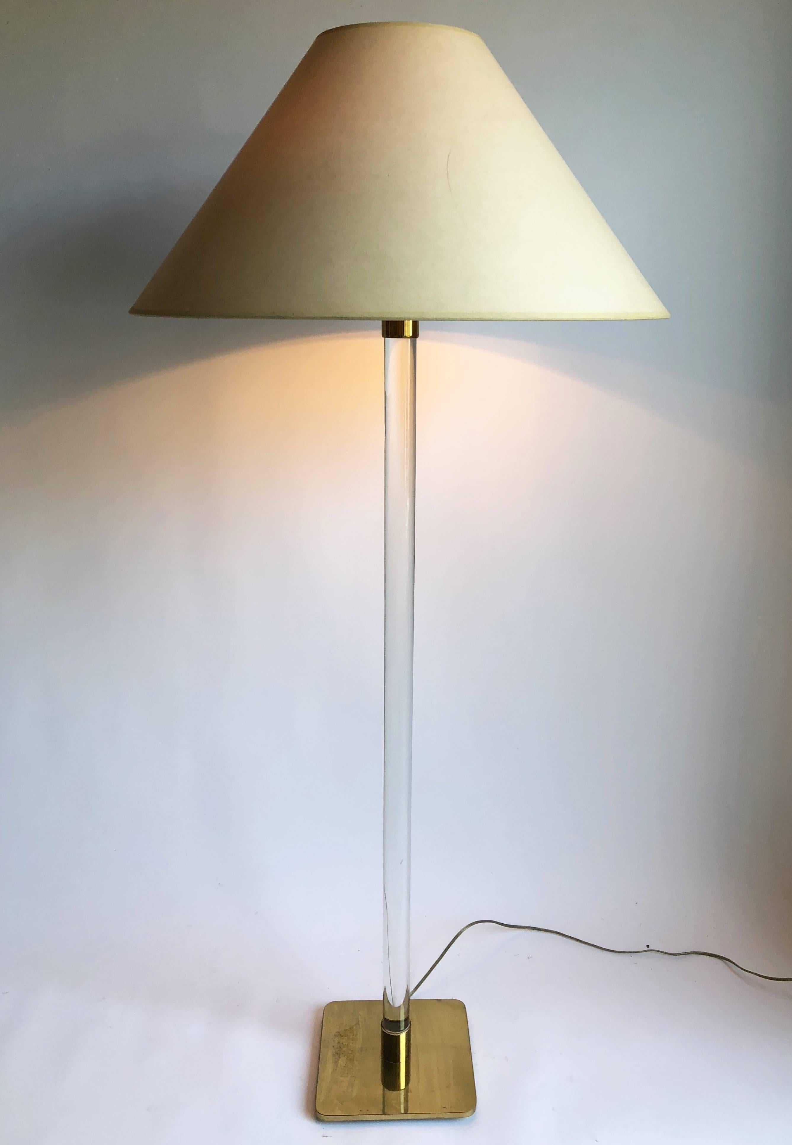 Elegant brass and glass floor lamp by Hansen. Double socket, brass is sealed, original lampshade.