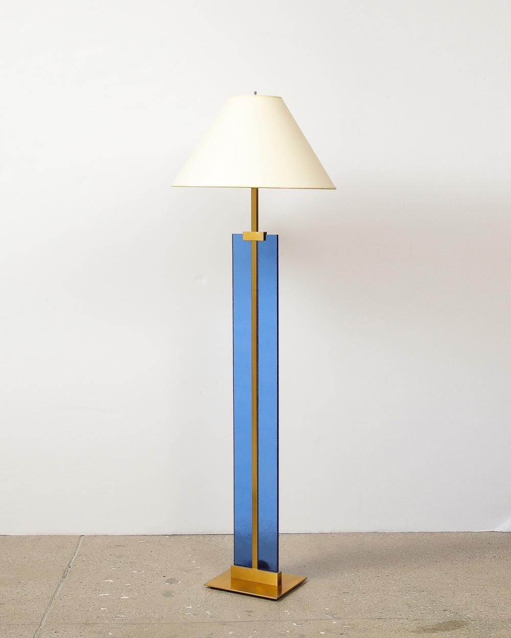 Colored & textured glass, brass, paper. Custom floor lamp with 2 x E26 sockets & vintage blue glass standard.