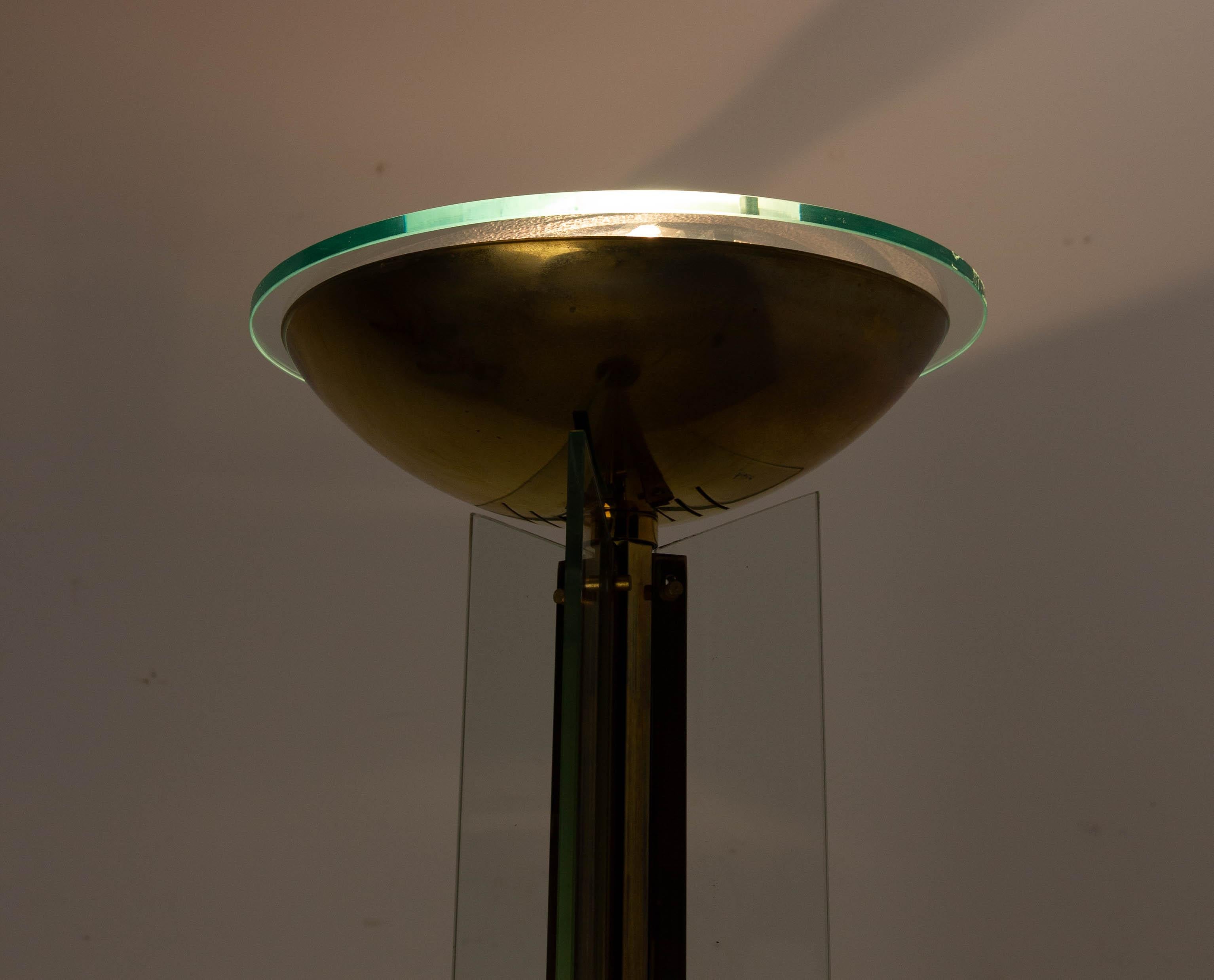 Late 20th Century Brass and Glass Floor Lamp Lantern Vintage Chandelier, French, circa 1980 For Sale