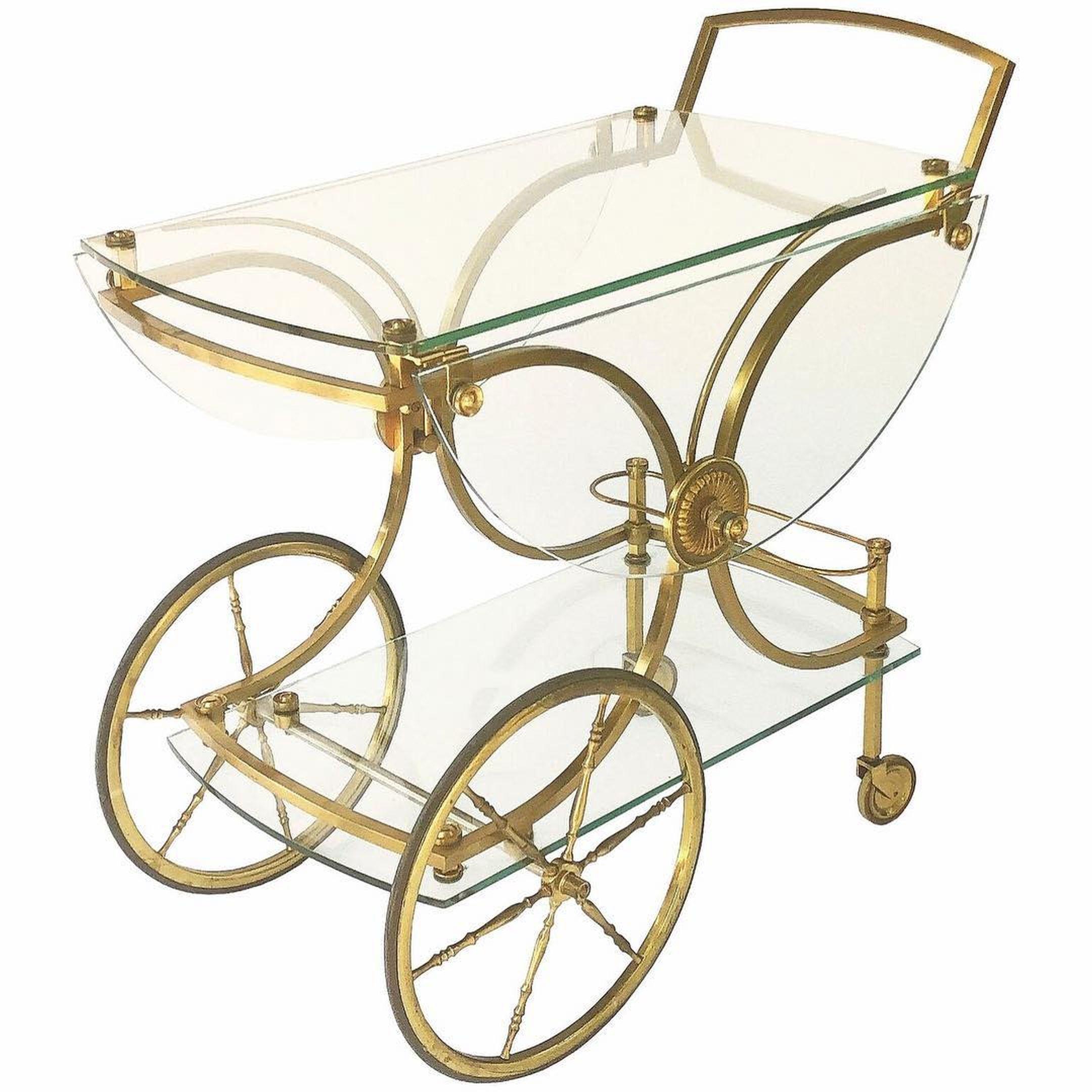 Chariot à boissons à rouleaux français en laiton bronzé et verre de la Maison Charles
