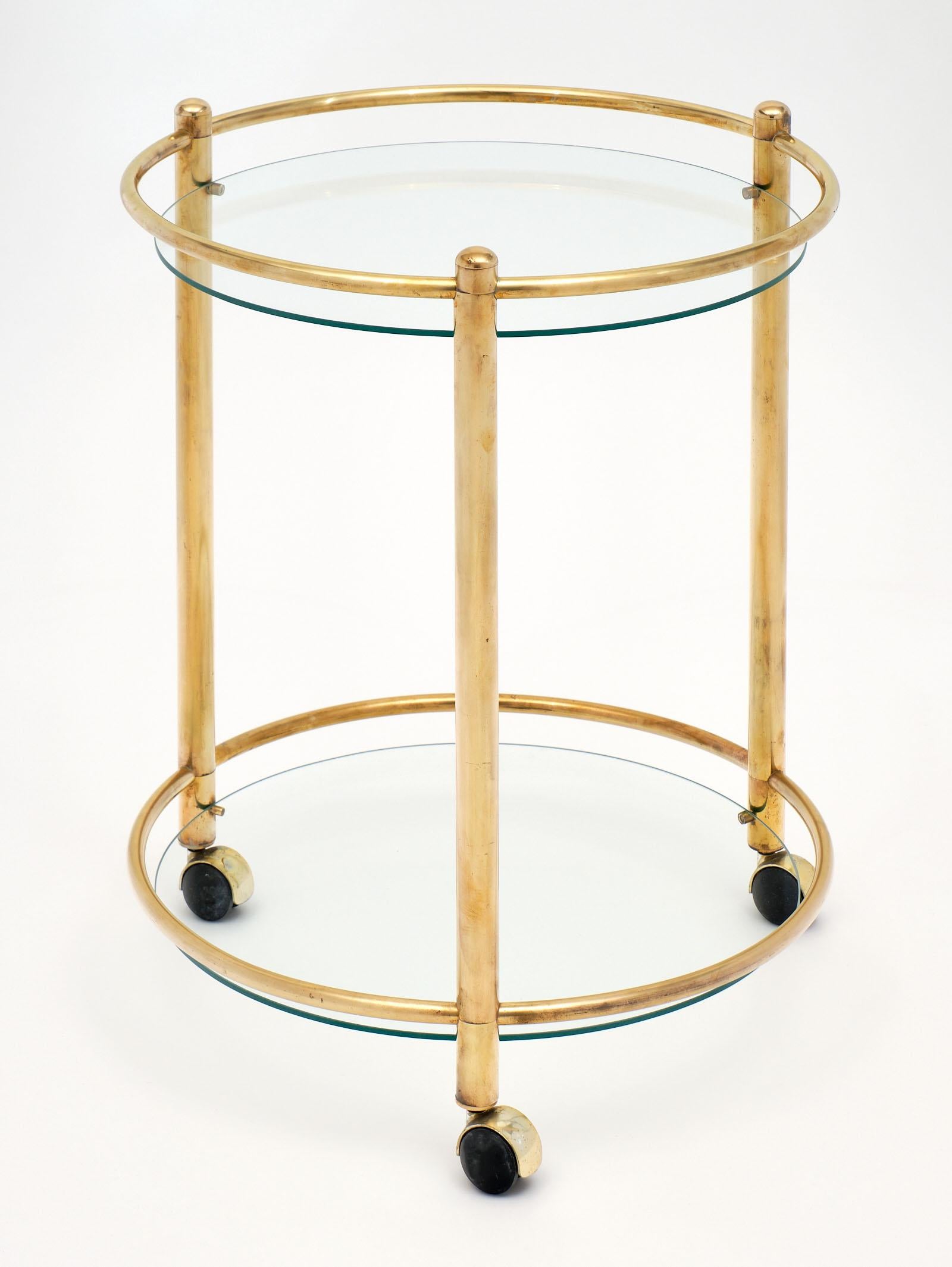 Brass and Glass French Side Table on Casters 1