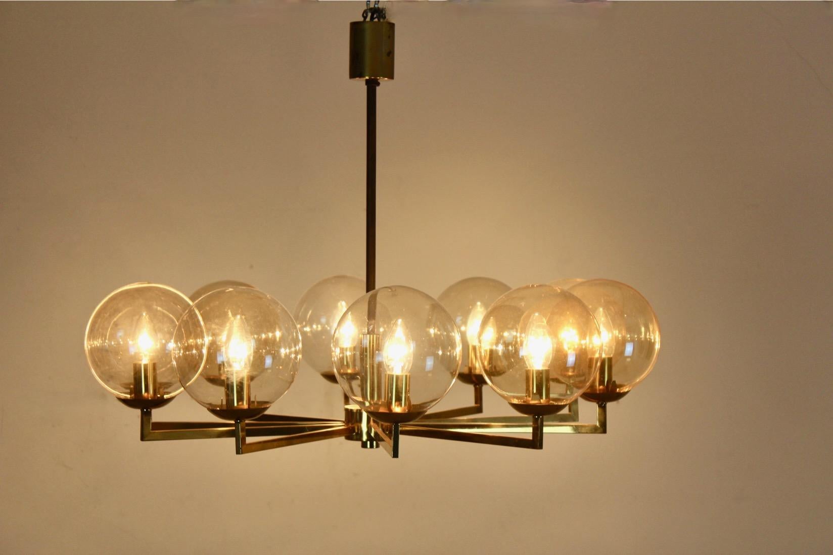 Brass and Glass Globe Chandelier, Kaiser Leuchten, 1960s Germany For Sale 5