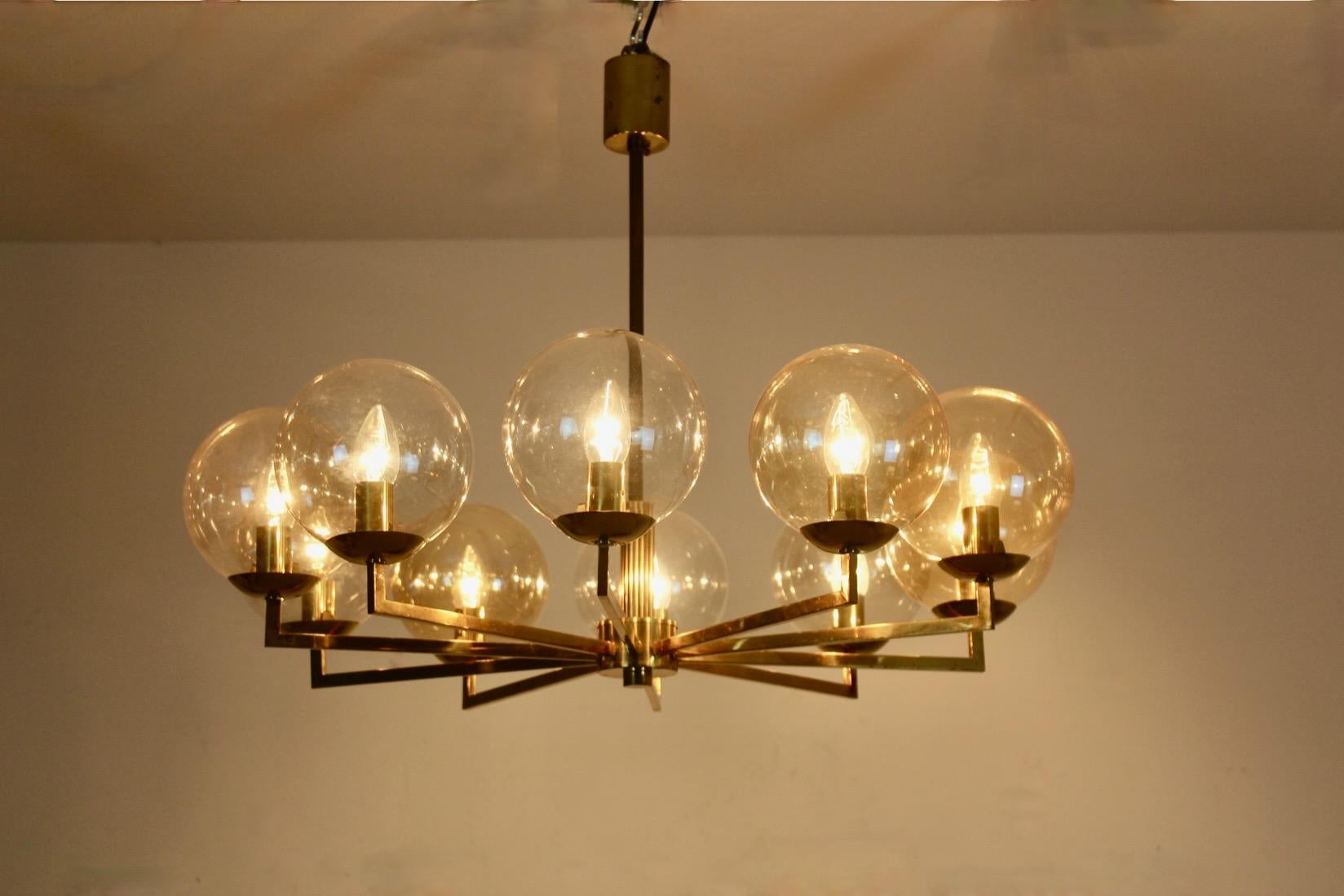 Brass and Glass Globe Chandelier, Kaiser Leuchten, 1960s Germany For Sale 6