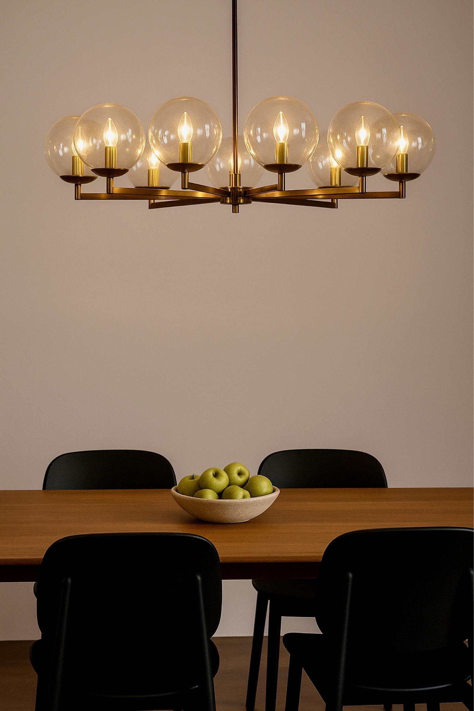 Brass and Glass Globe Chandelier, Kaiser Leuchten, 1960s Germany For Sale 7