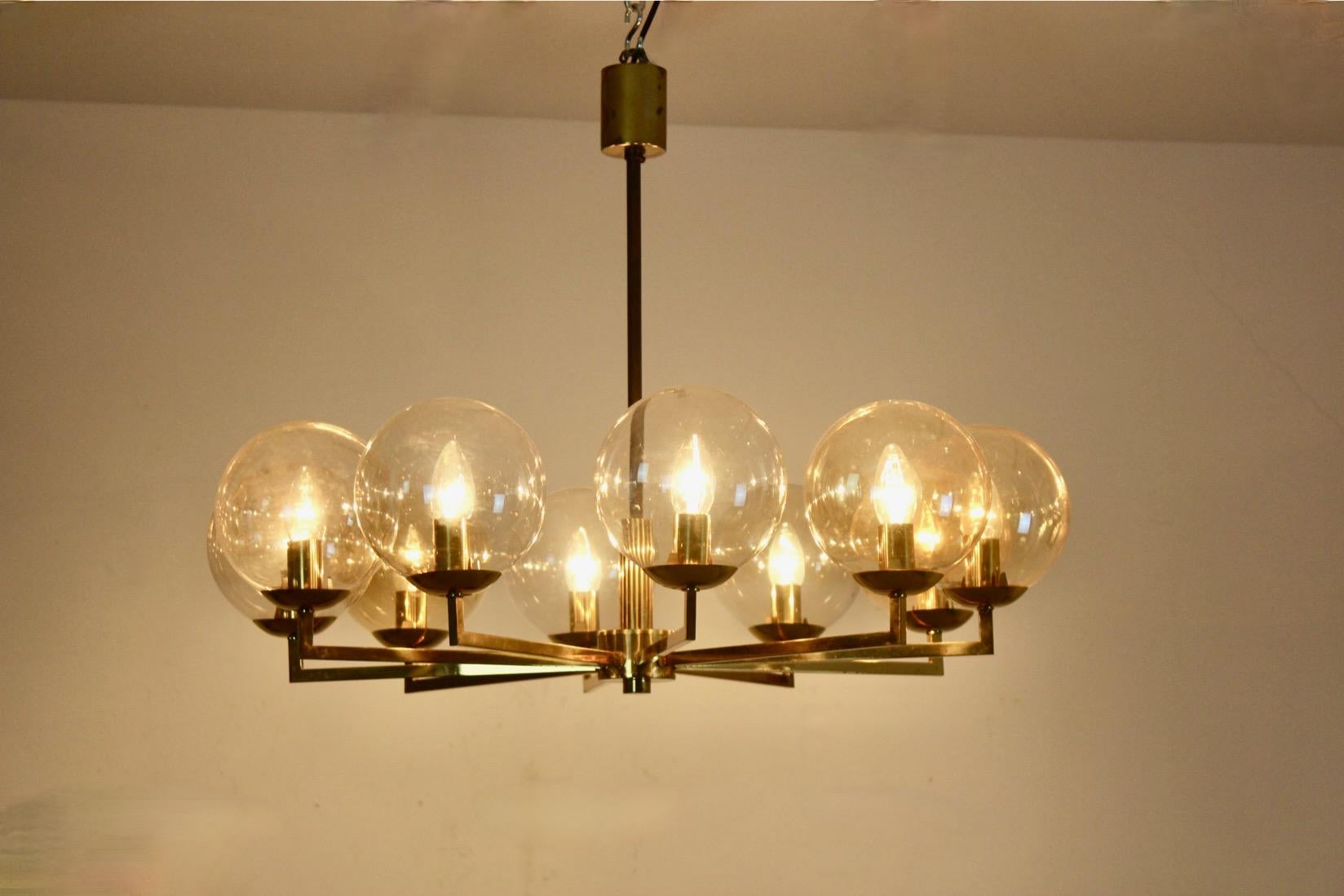 20th Century Brass and Glass Globe Chandelier, Kaiser Leuchten, 1960s Germany For Sale