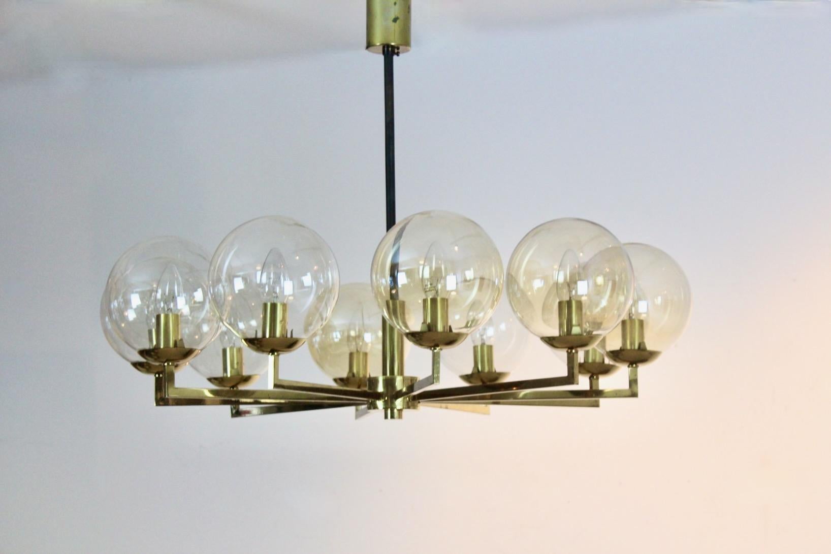 Brass and Glass Globe Chandelier, Kaiser Leuchten, 1960s Germany For Sale 1