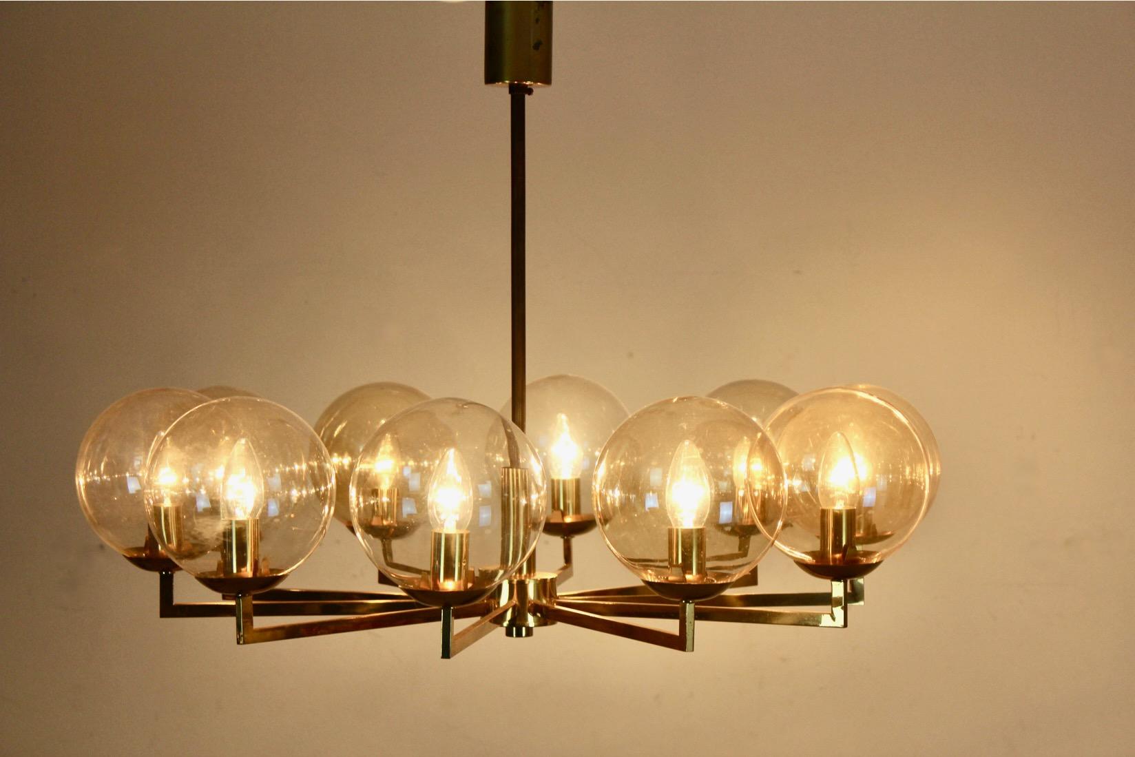 Brass and Glass Globe Chandelier, Kaiser Leuchten, 1960s Germany For Sale 2