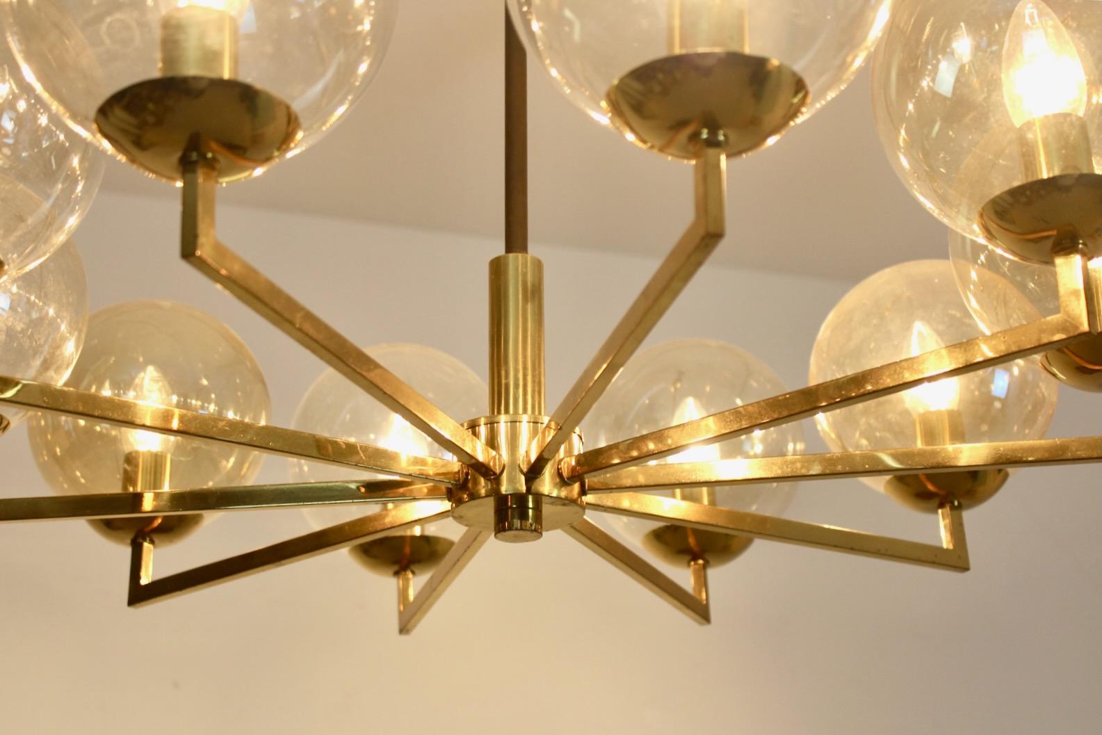 Brass and Glass Globe Chandelier, Kaiser Leuchten, 1960s Germany For Sale 3