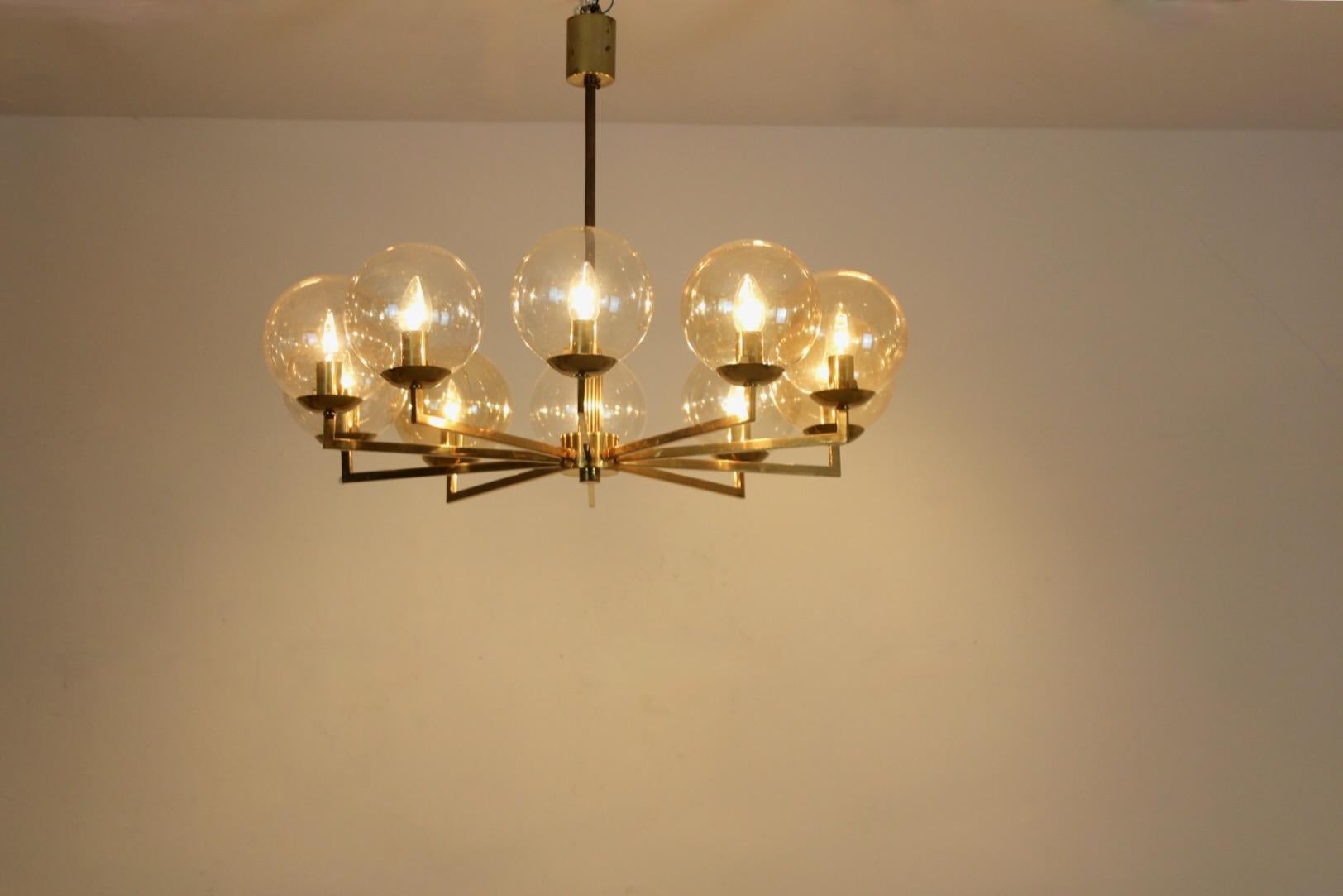 Brass and Glass Globe Chandelier, Kaiser Leuchten, 1960s Germany For Sale 4