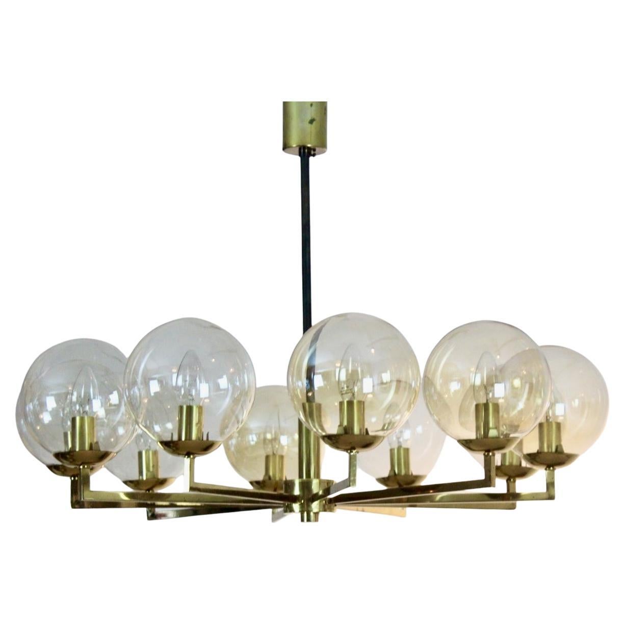 Brass and Glass Globe Chandelier, Kaiser Leuchten, 1960s Germany For Sale