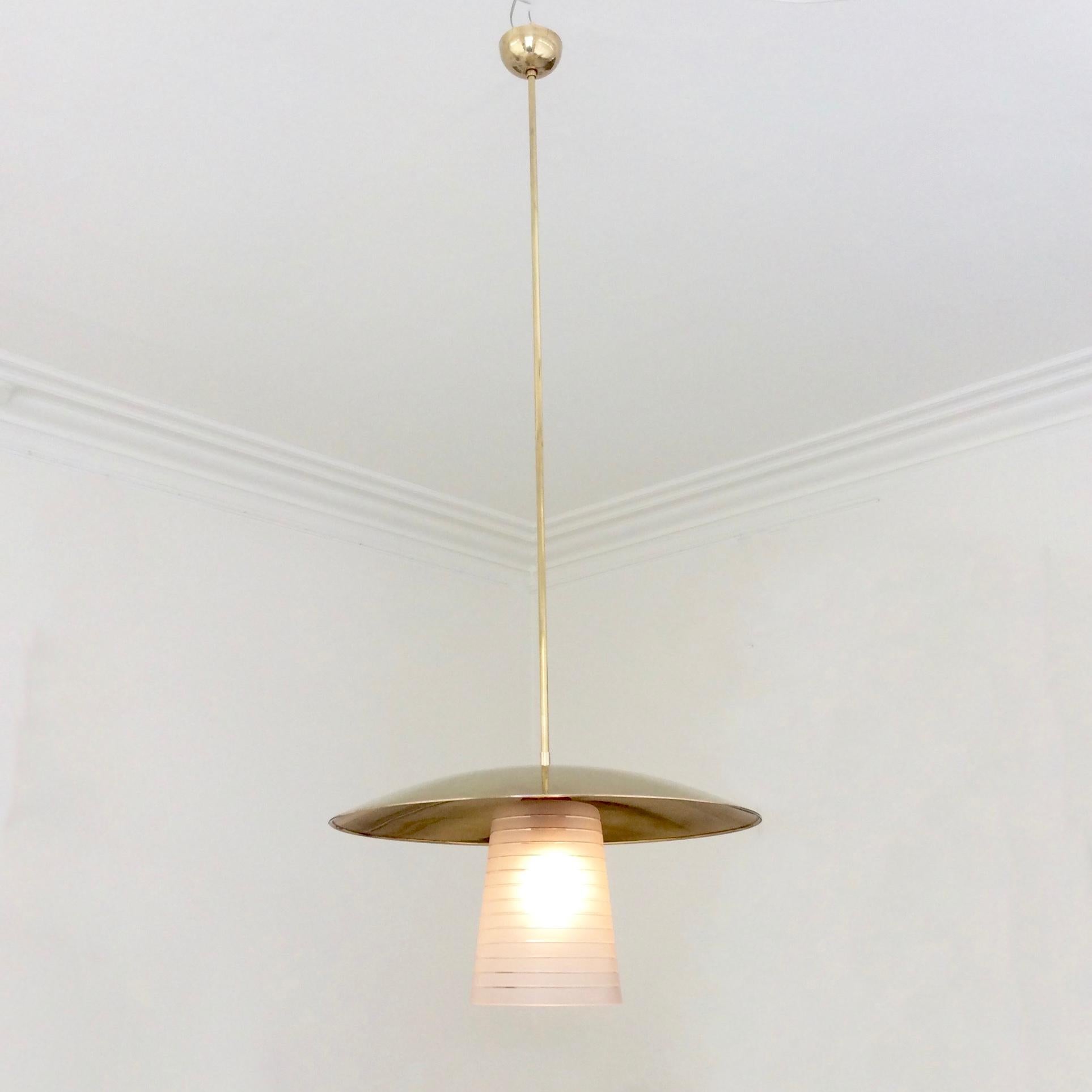 Mid-Century Modern Italian Hanging Lamp, Brass And Frosted Glass, circa 1950