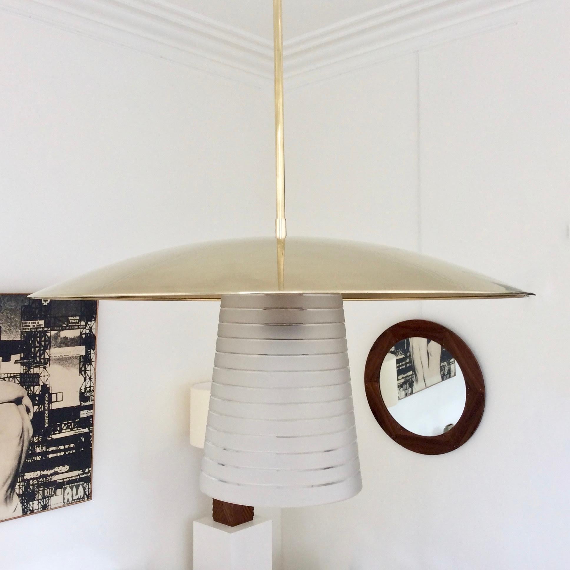 Mid-20th Century Italian Hanging Lamp, Brass And Frosted Glass, circa 1950