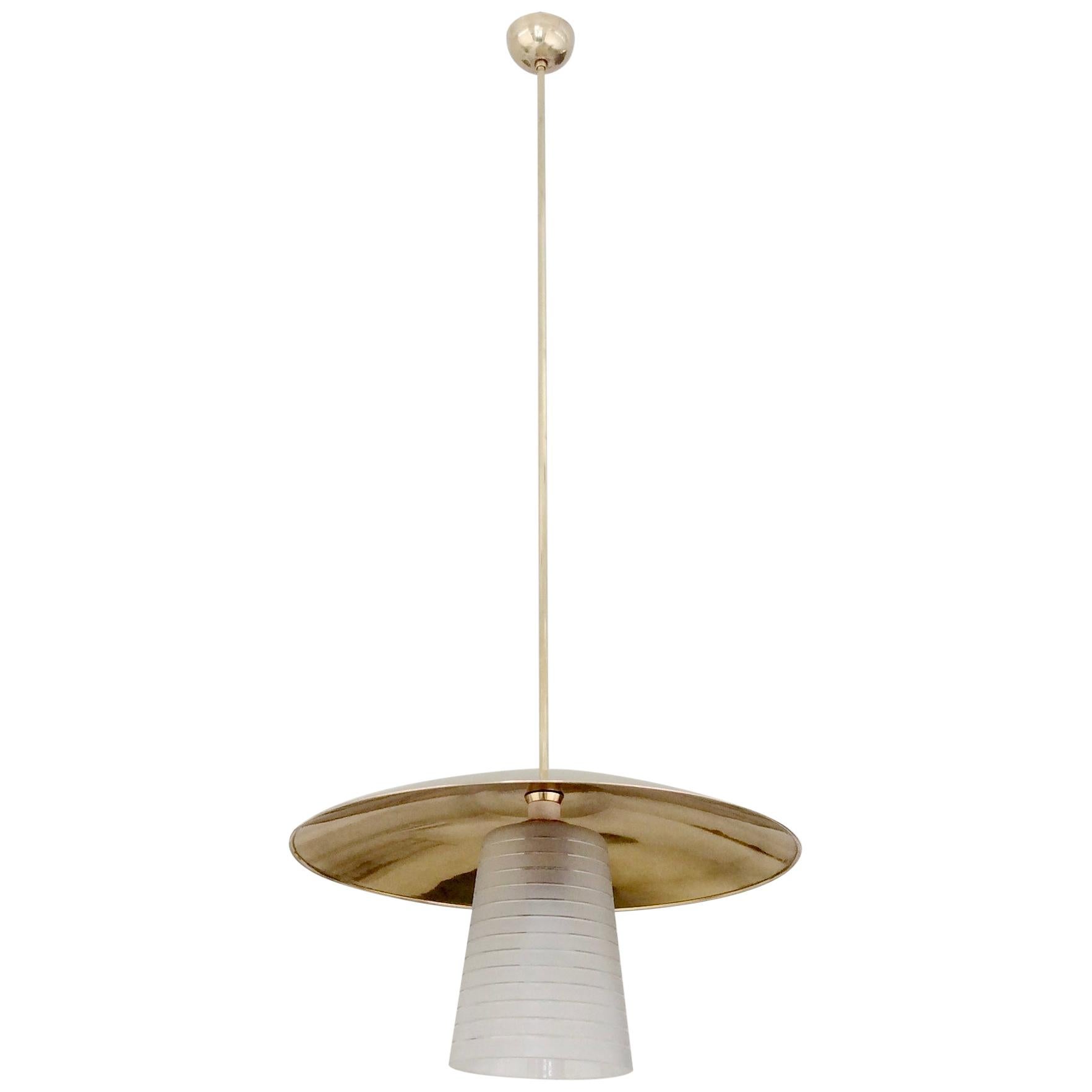 Italian Hanging Lamp, Brass And Frosted Glass, circa 1950