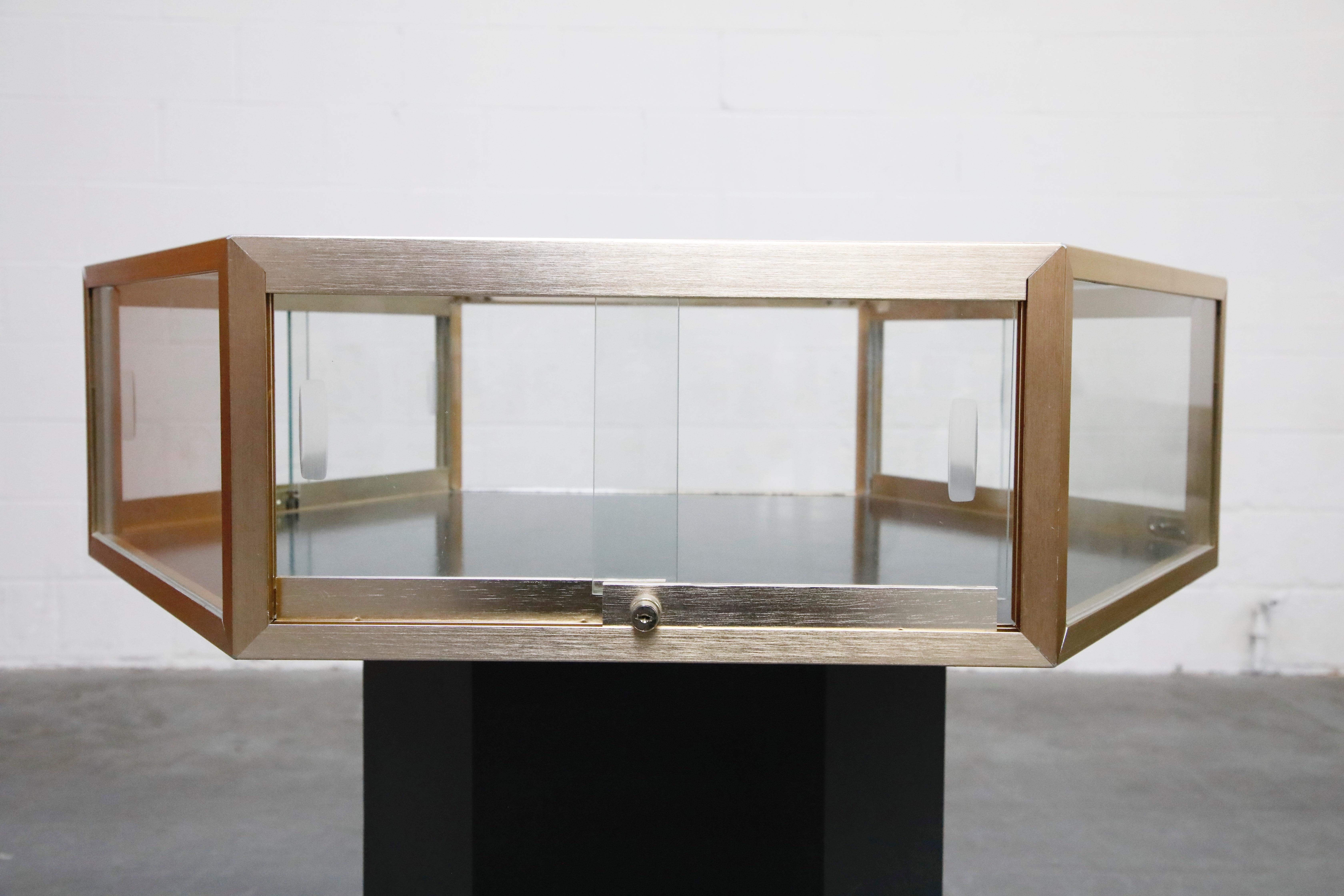 Brass and Glass Hexagonal Display Showcase Center Table, circa 1970s 8