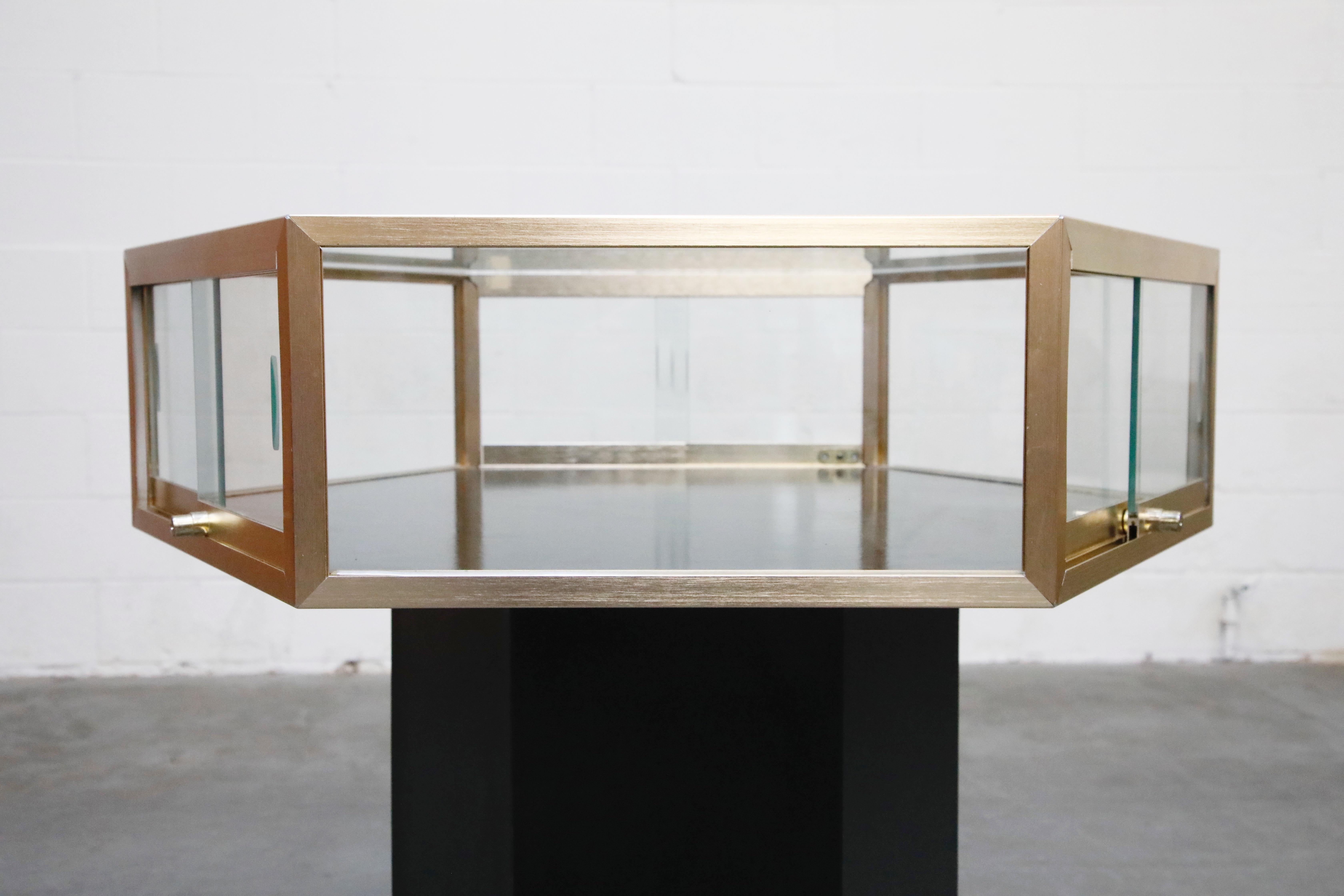 Brass and Glass Hexagonal Display Showcase Center Table, circa 1970s 9