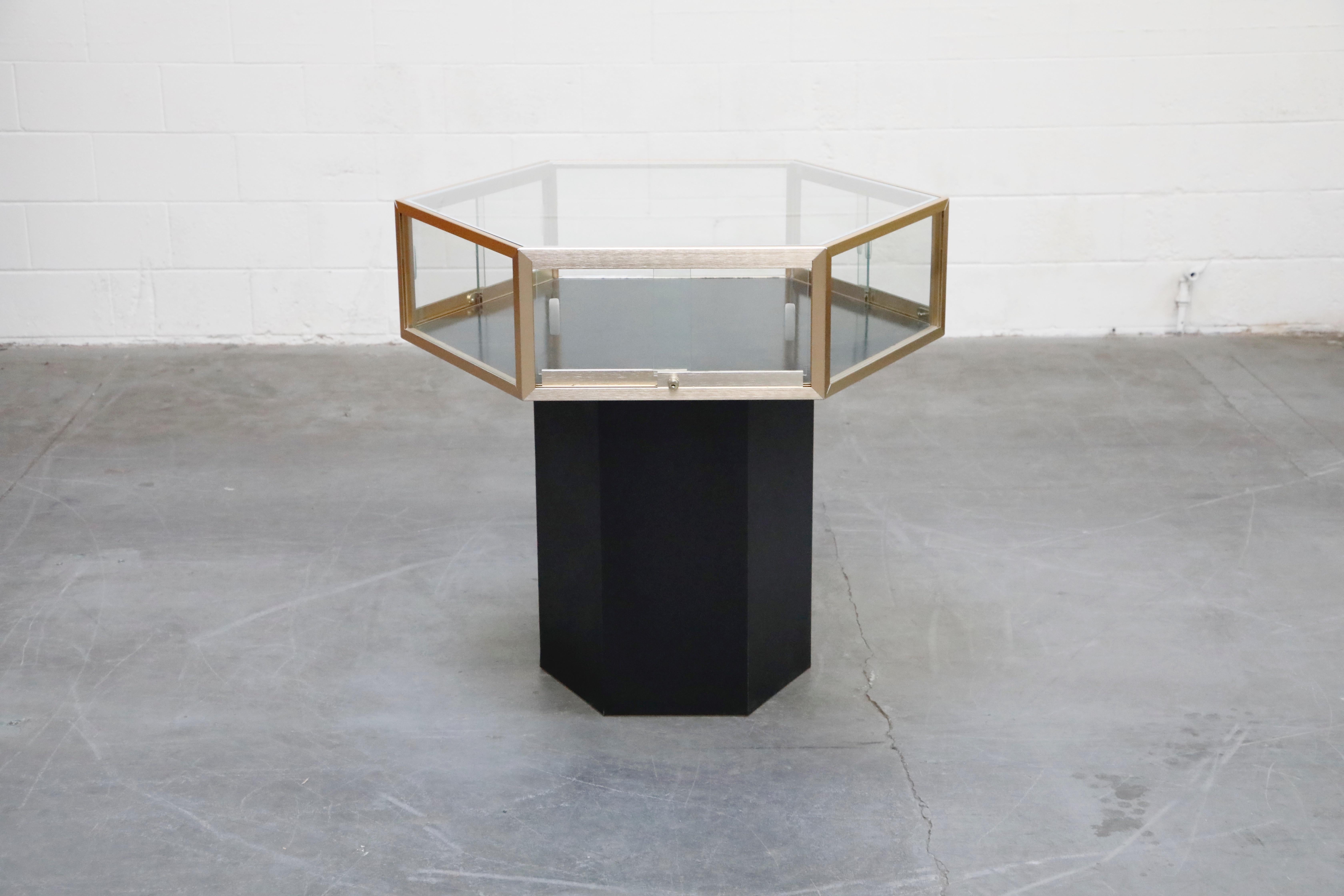 Unknown Brass and Glass Hexagonal Display Showcase Center Table, circa 1970s
