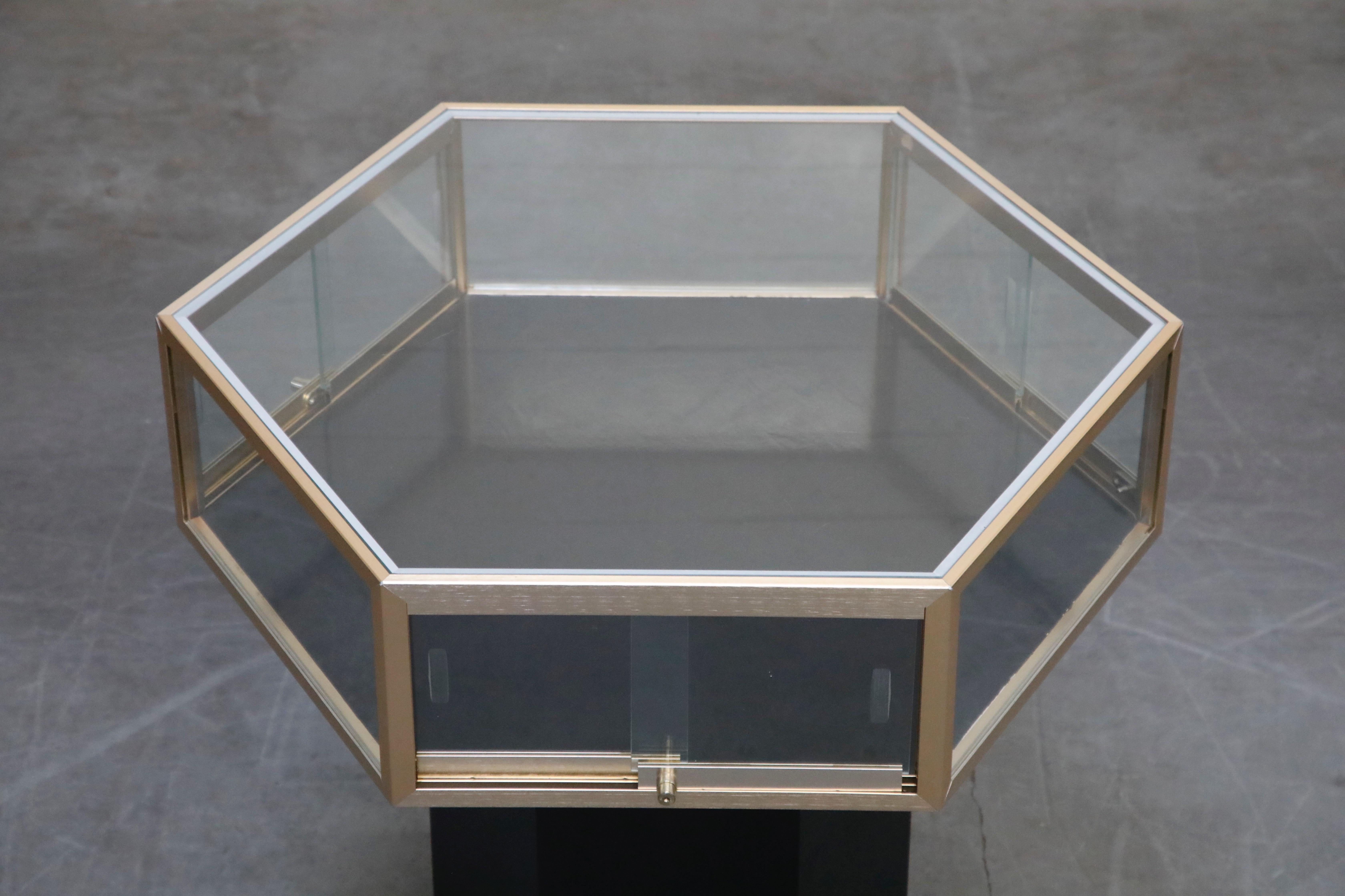 Brass and Glass Hexagonal Display Showcase Center Table, circa 1970s 2