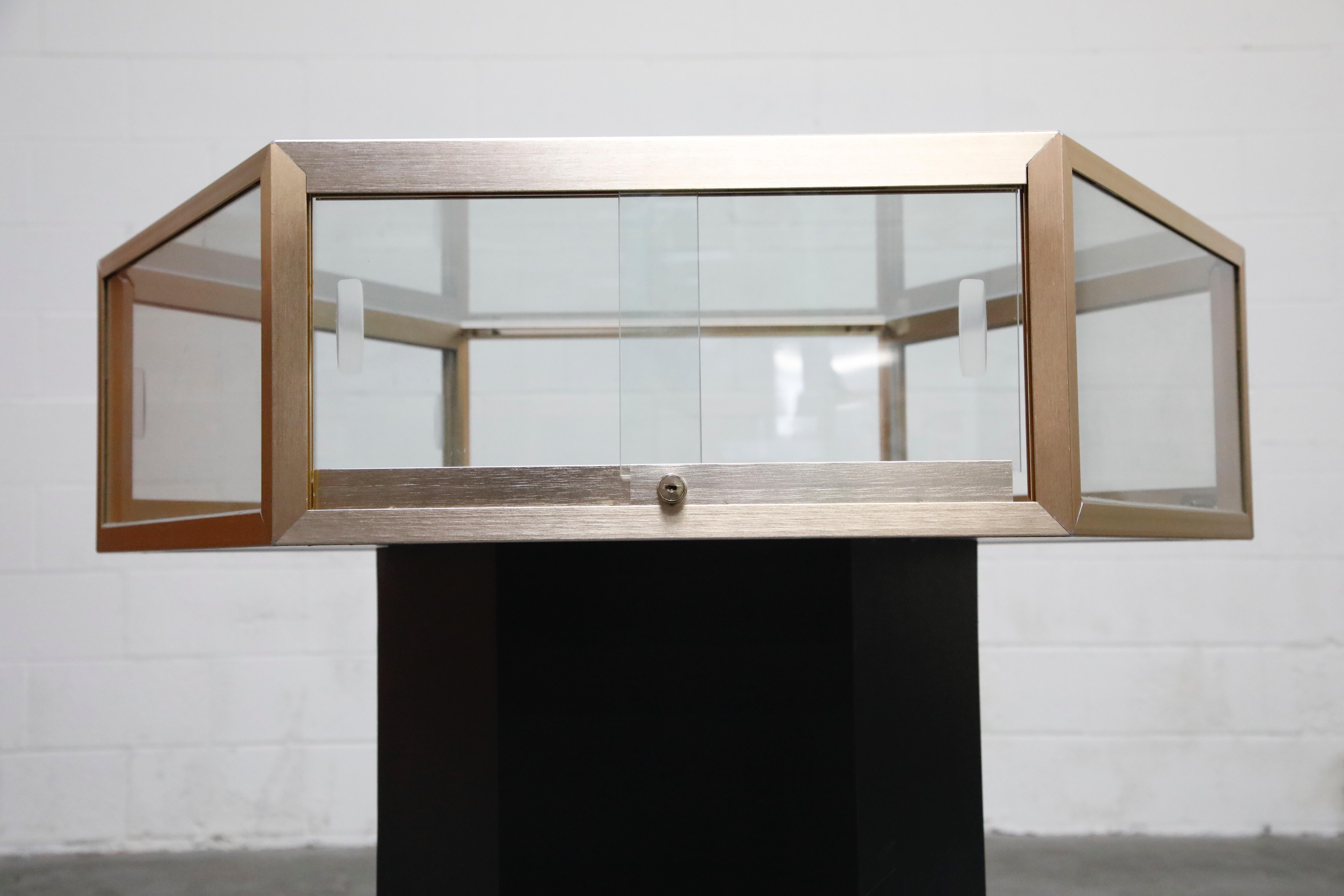 Brass and Glass Hexagonal Display Showcase Center Table, circa 1970s 3