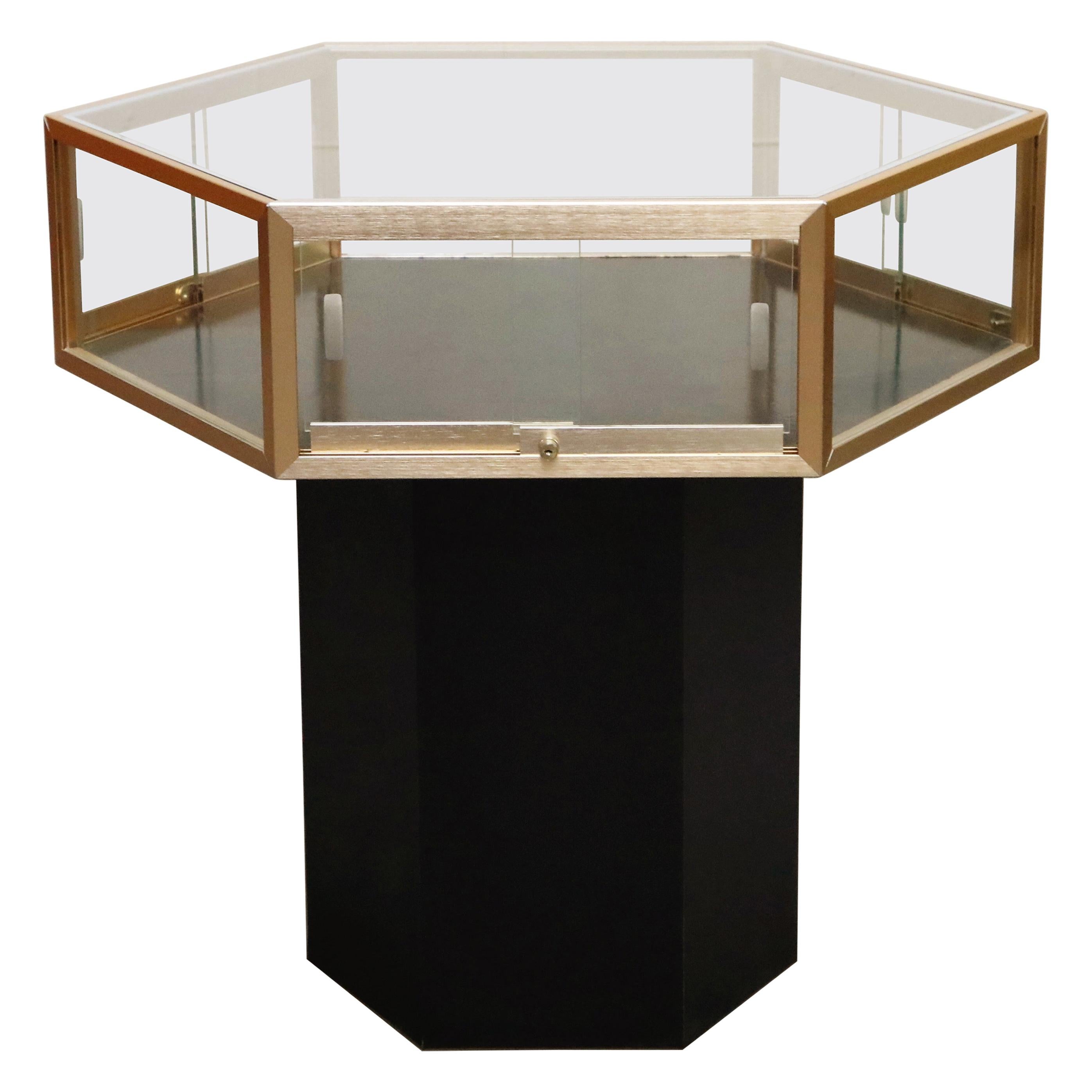 Brass and Glass Hexagonal Display Showcase Center Table, circa 1970s