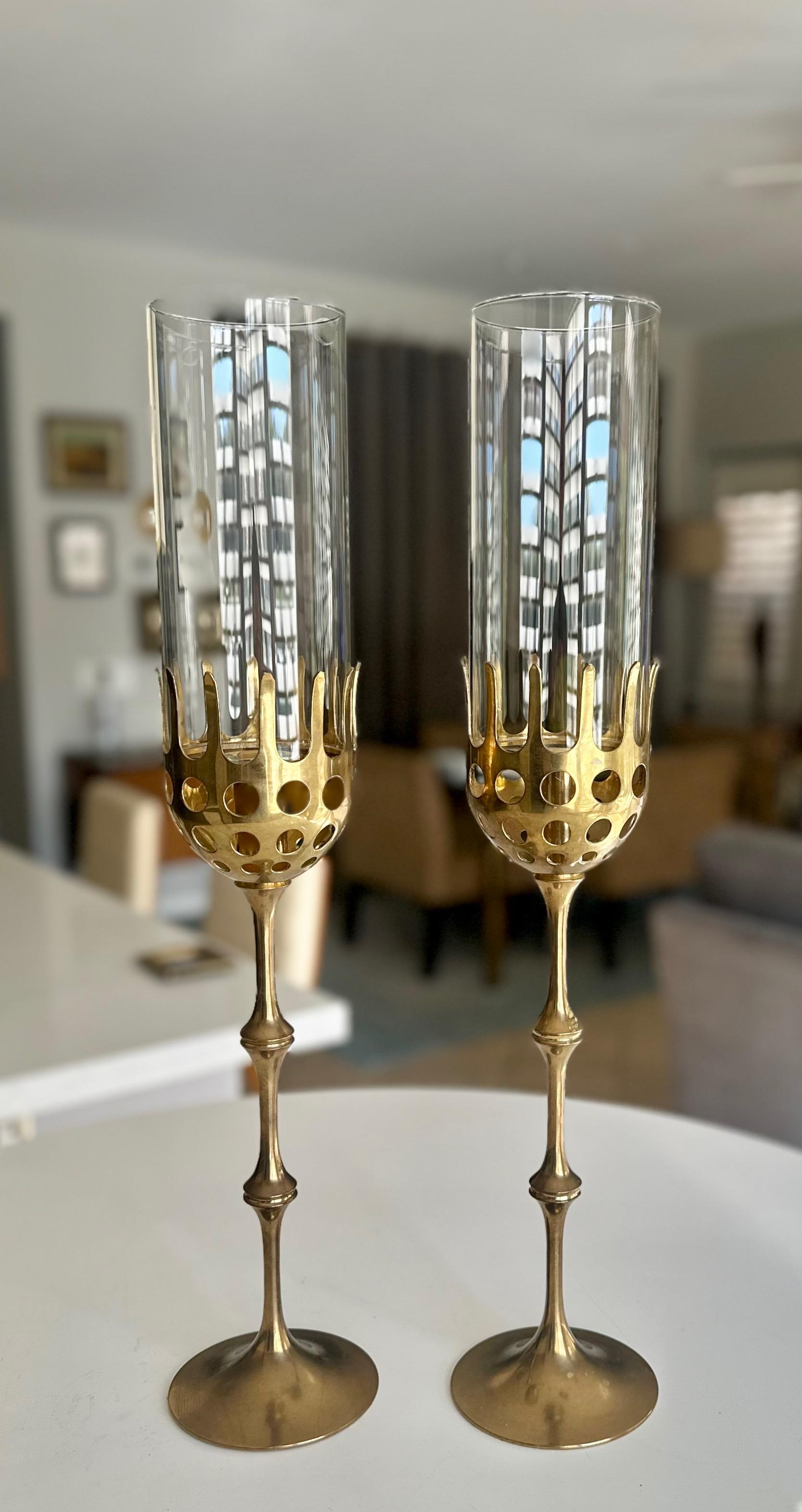 Danish Brass and Glass Hurricane Candles Holders by Bijørn Wiinblad For Sale