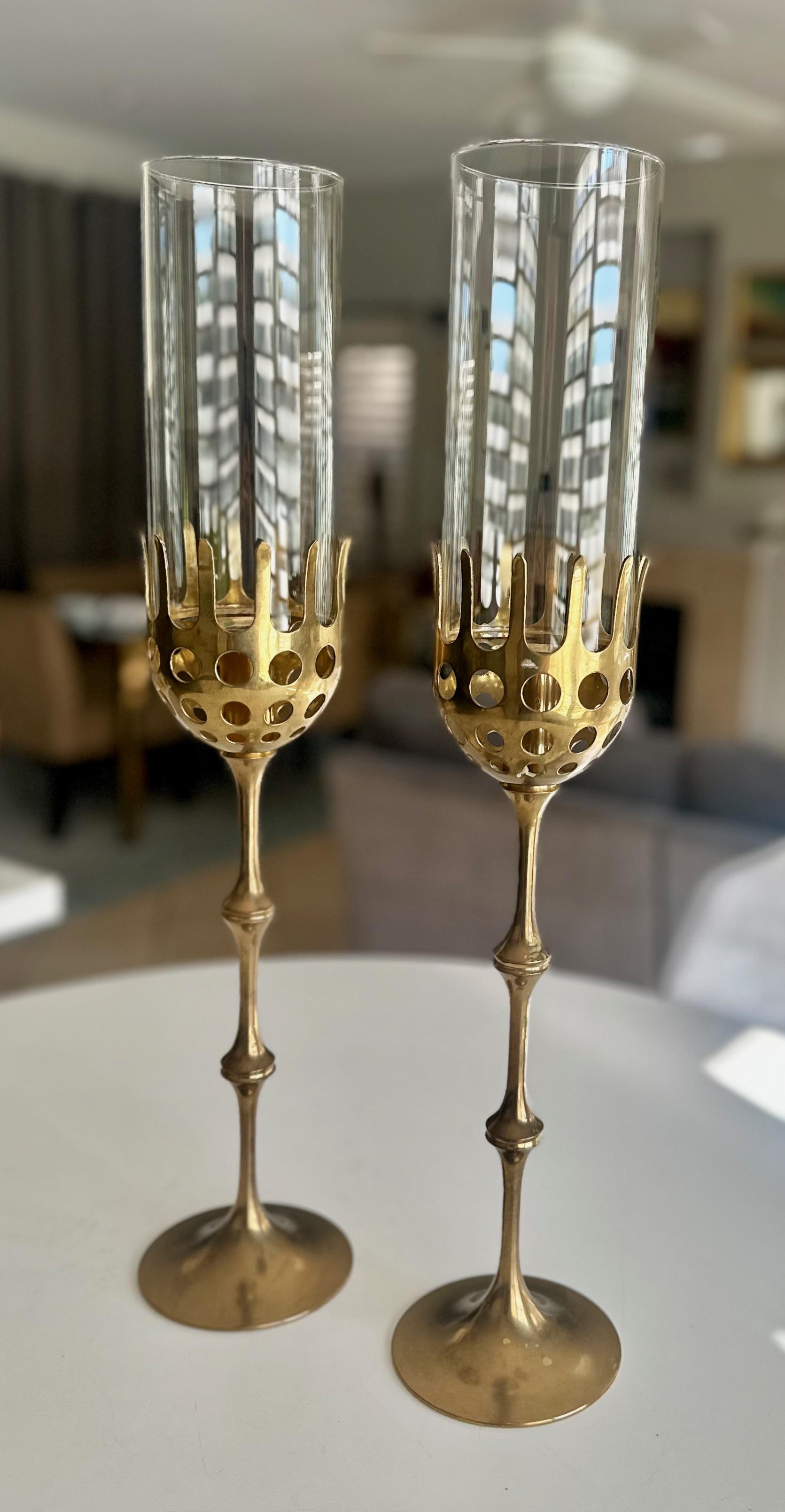 Brass and Glass Hurricane Candles Holders by Bijørn Wiinblad In Good Condition For Sale In Palm Springs, CA