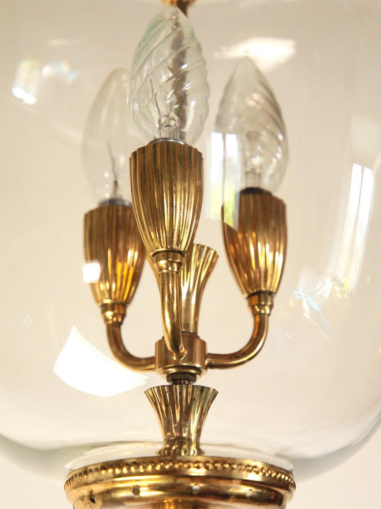 Mid-Century Modern Brass and Glass Lantern, Italian, Three-Light For Sale