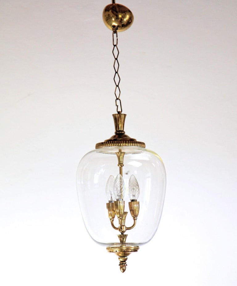 Brass and Glass Lantern, Italian, Three-Light For Sale 1