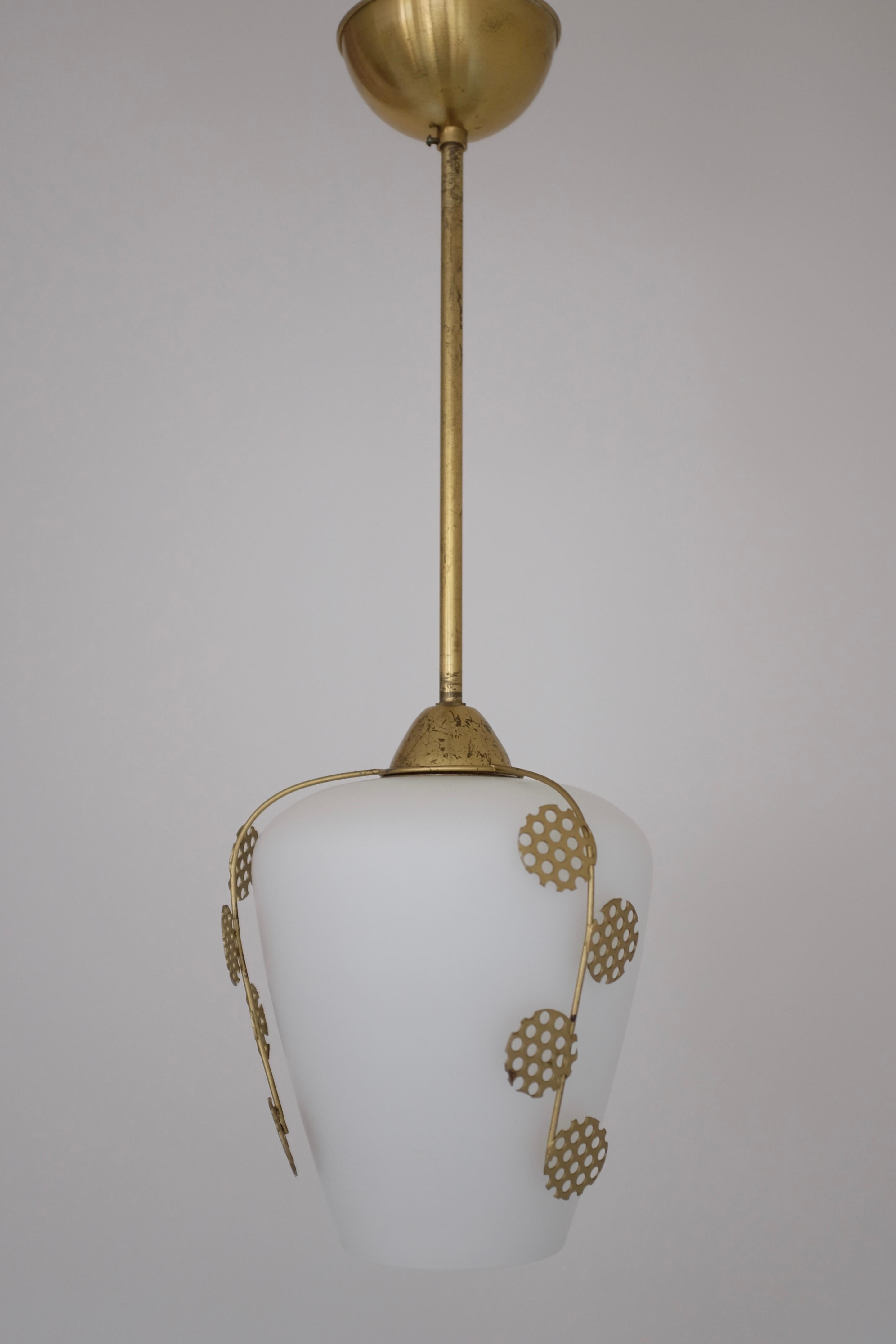 Mid-20th Century Brass and Glass Leaf decorated Pendant For Sale