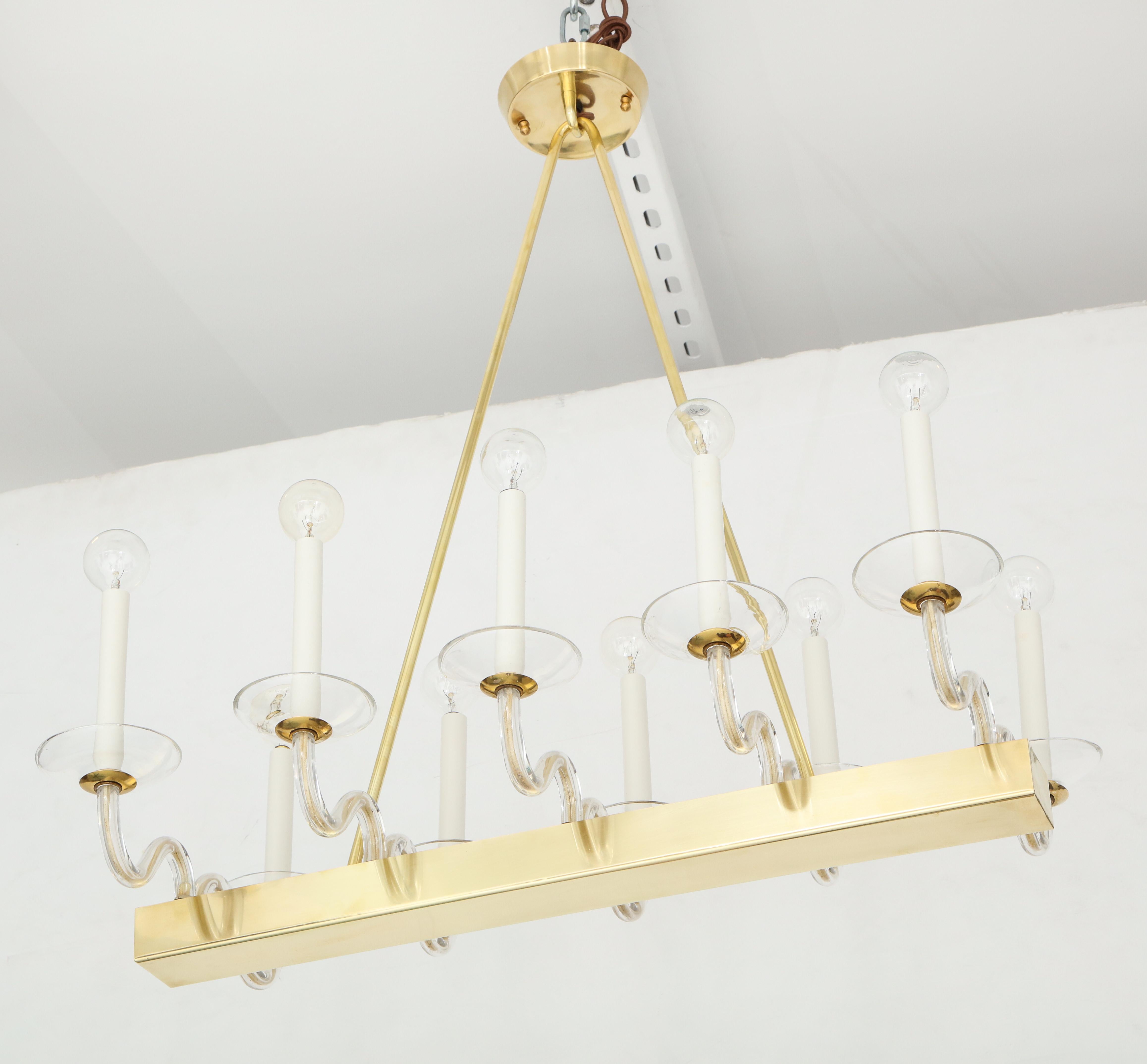 Mid-Century Modern Brass and Glass Midcentury Chandelier For Sale