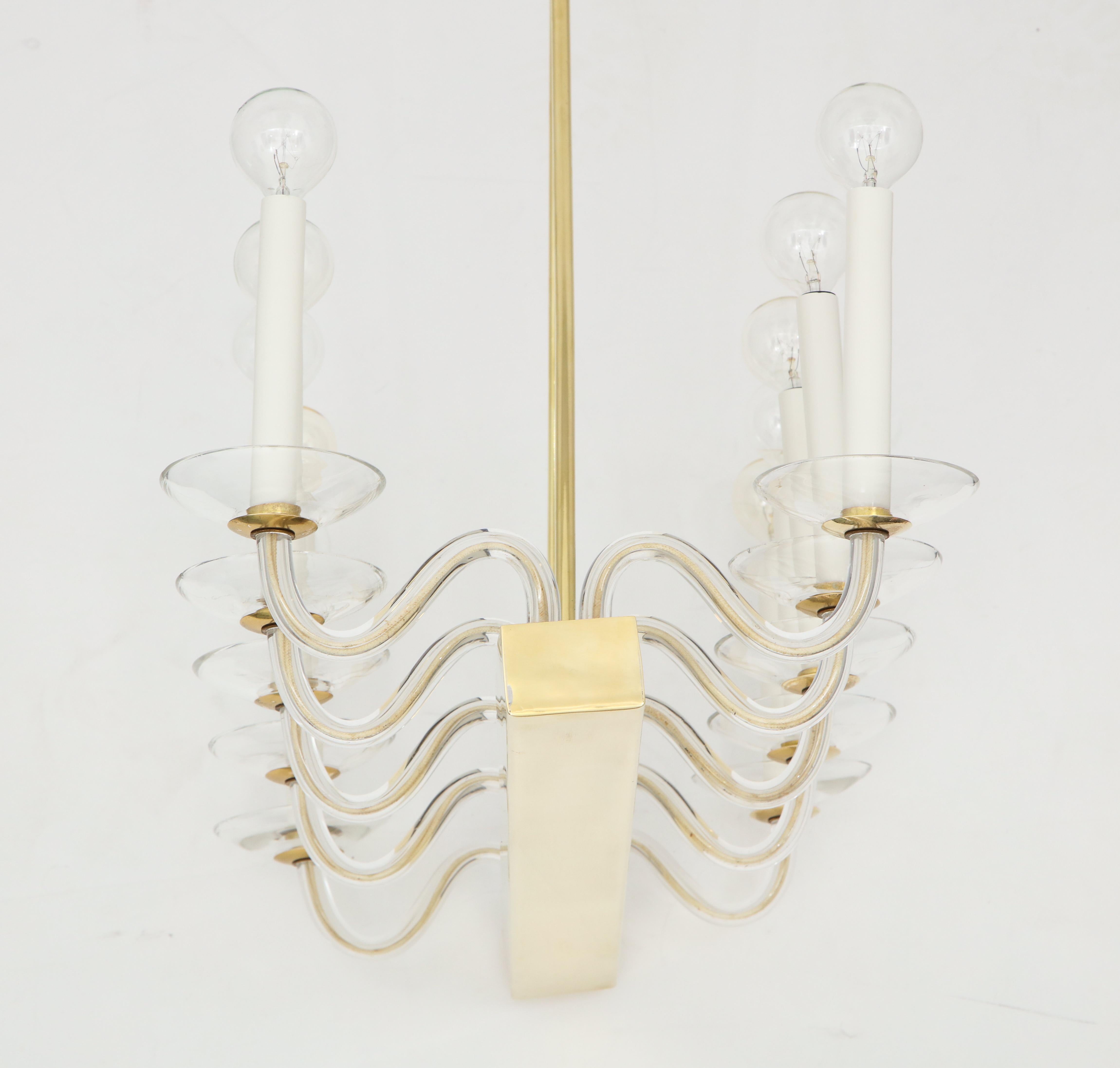 Brass and Glass Midcentury Chandelier In Good Condition For Sale In New York, NY