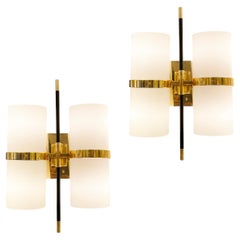 Brass and Glass Mid-Century Sconces with Black Accents